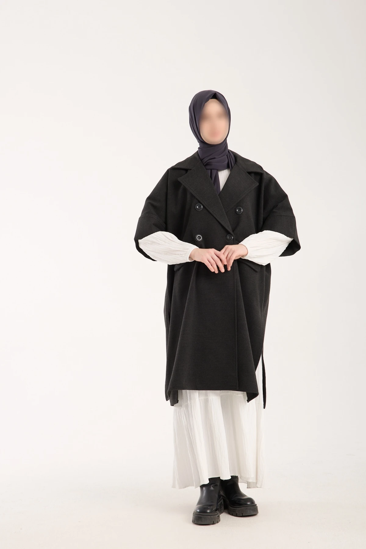 Antrasit Ceket Yaka Kısa Kollu Panço