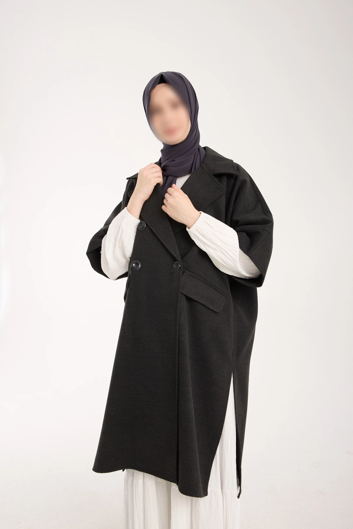 Antrasit Ceket Yaka Kısa Kollu Panço