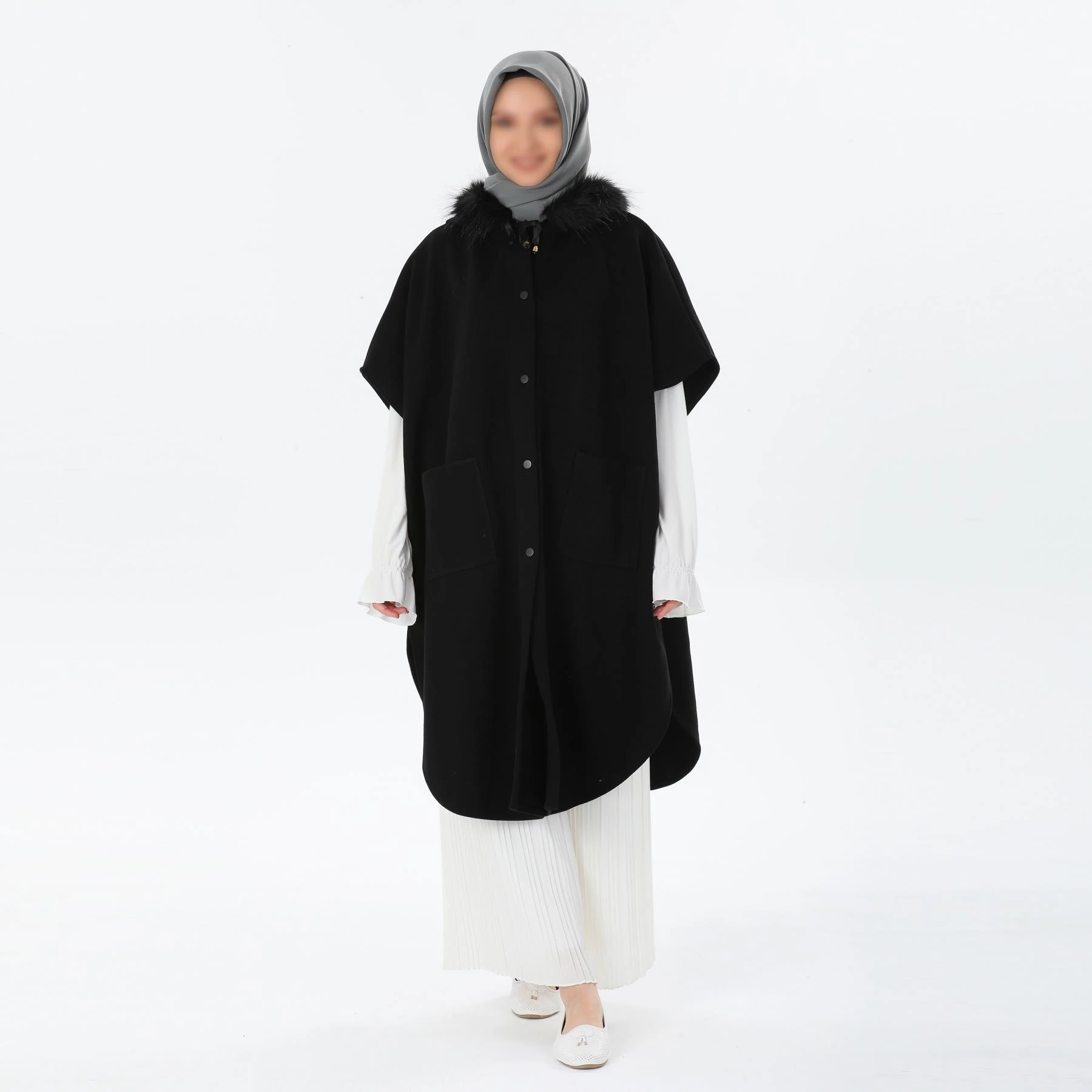 Kalın Çelik Örme Siyah Kurdeleli Panço