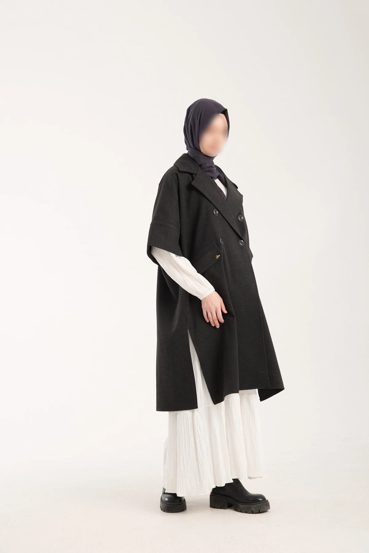 Antrasit Ceket Yaka Kısa Kollu Panço