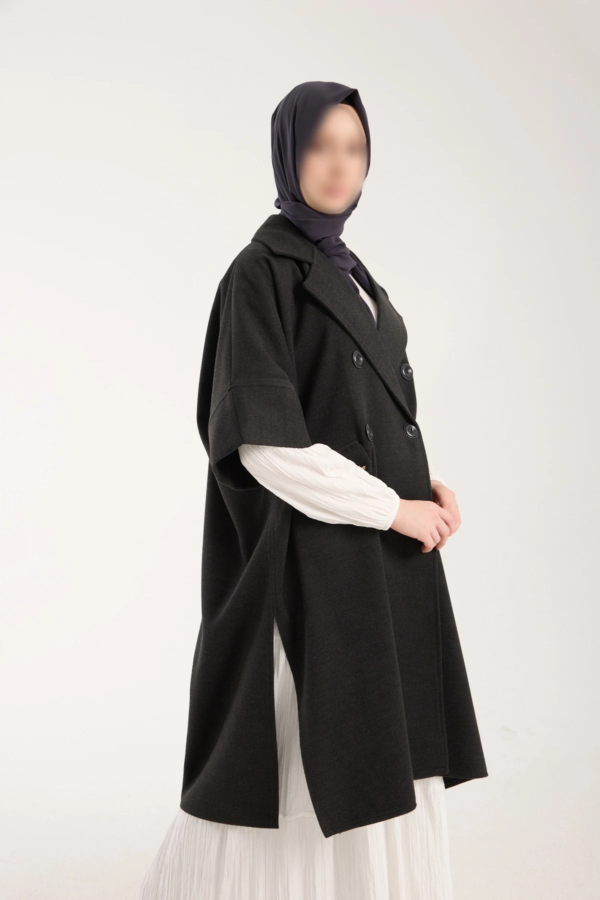 Antrasit Ceket Yaka Kısa Kollu Panço