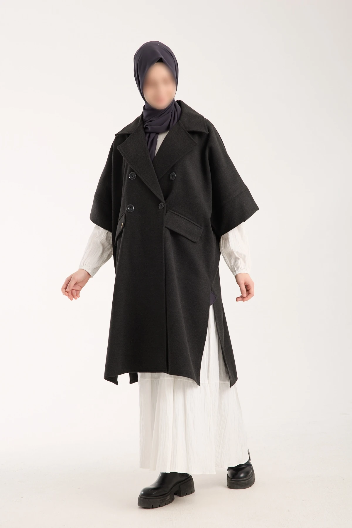 Antrasit Ceket Yaka Kısa Kollu Panço