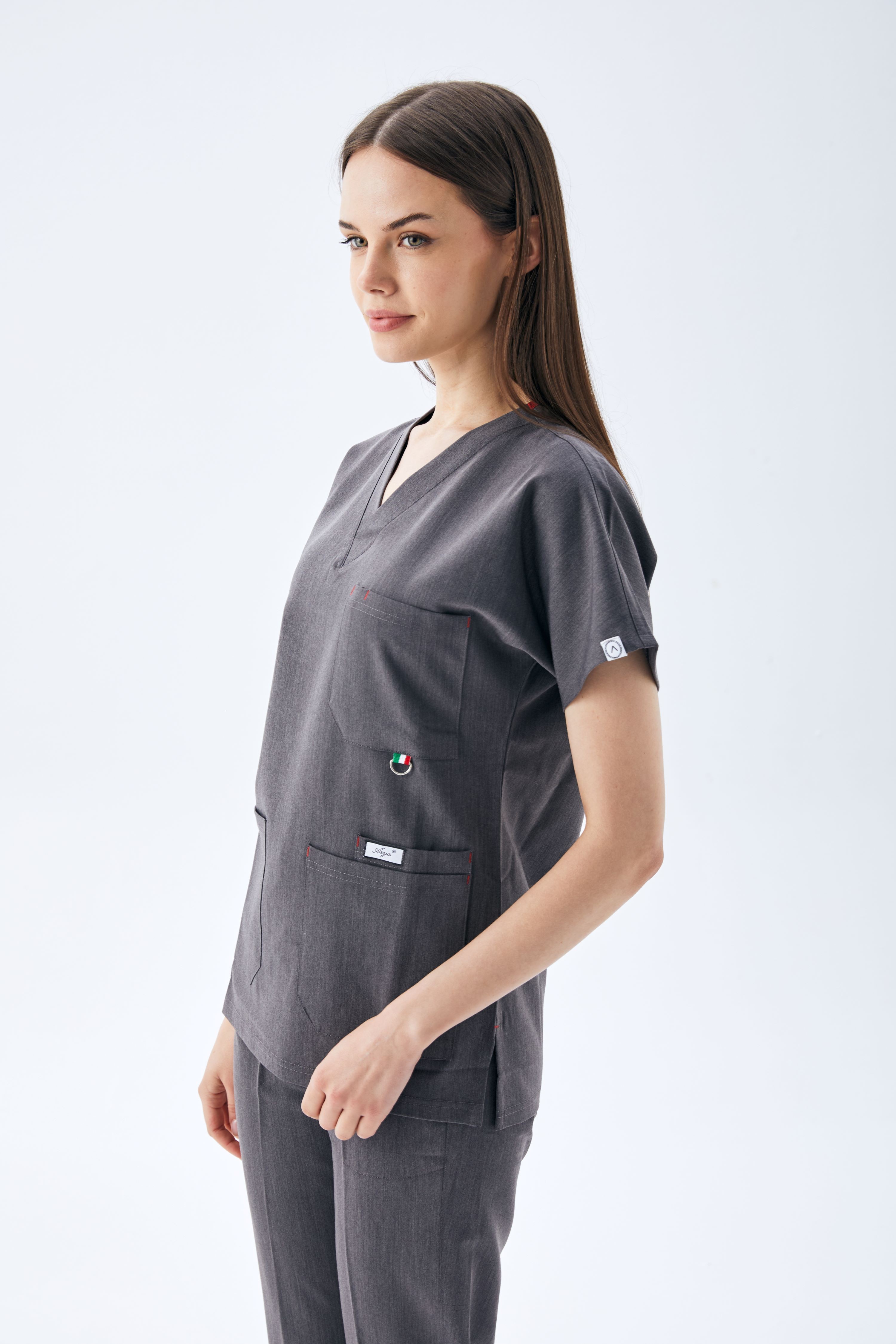 EXCLUSİVE V YAKA KADIN SCRUB TAKIM-MELENJ GRİ