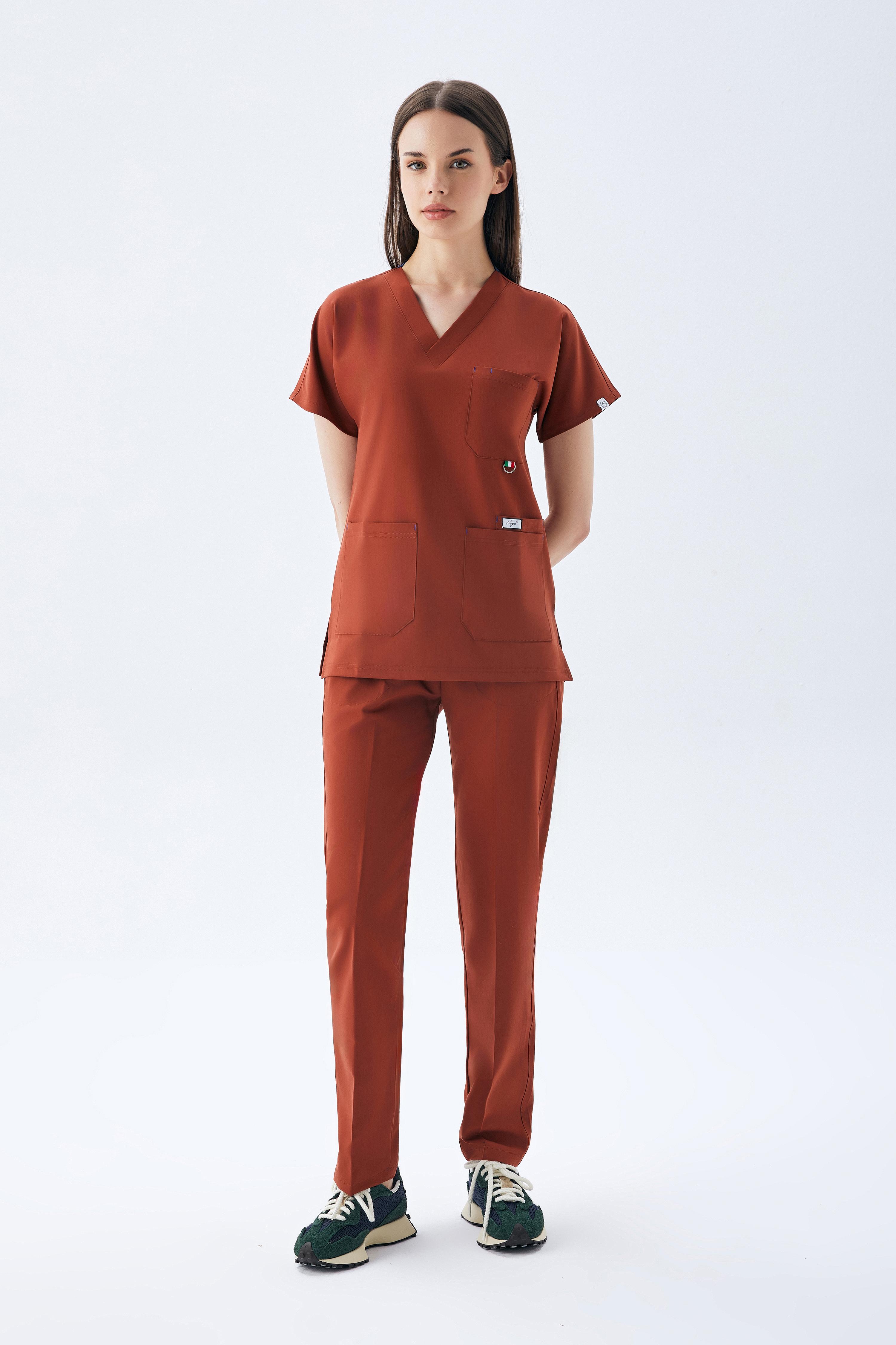 EXCLUSİVE V YAKA KADIN SCRUB TAKIM-KİREMİT