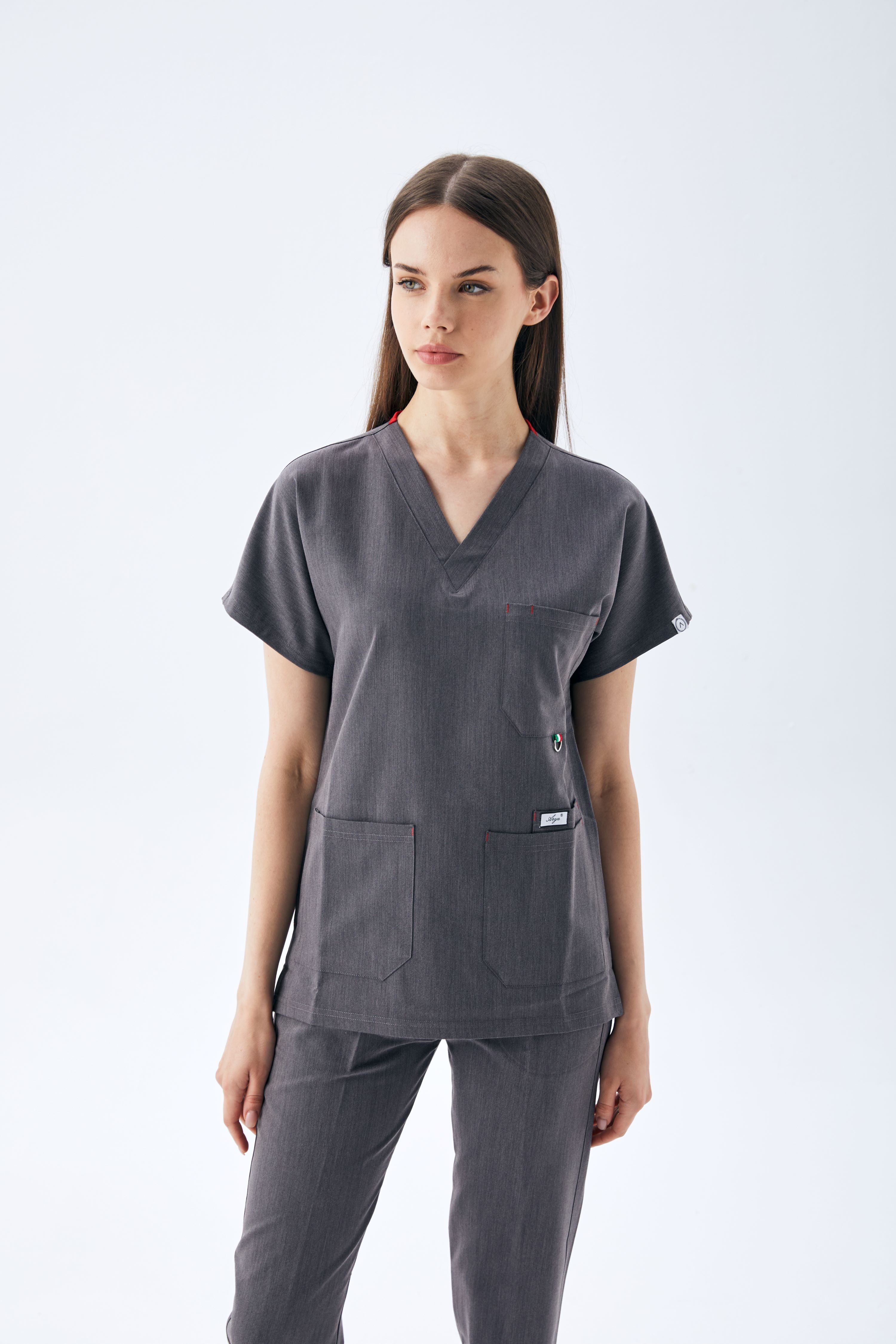 EXCLUSİVE V YAKA KADIN SCRUB TAKIM-MELENJ GRİ