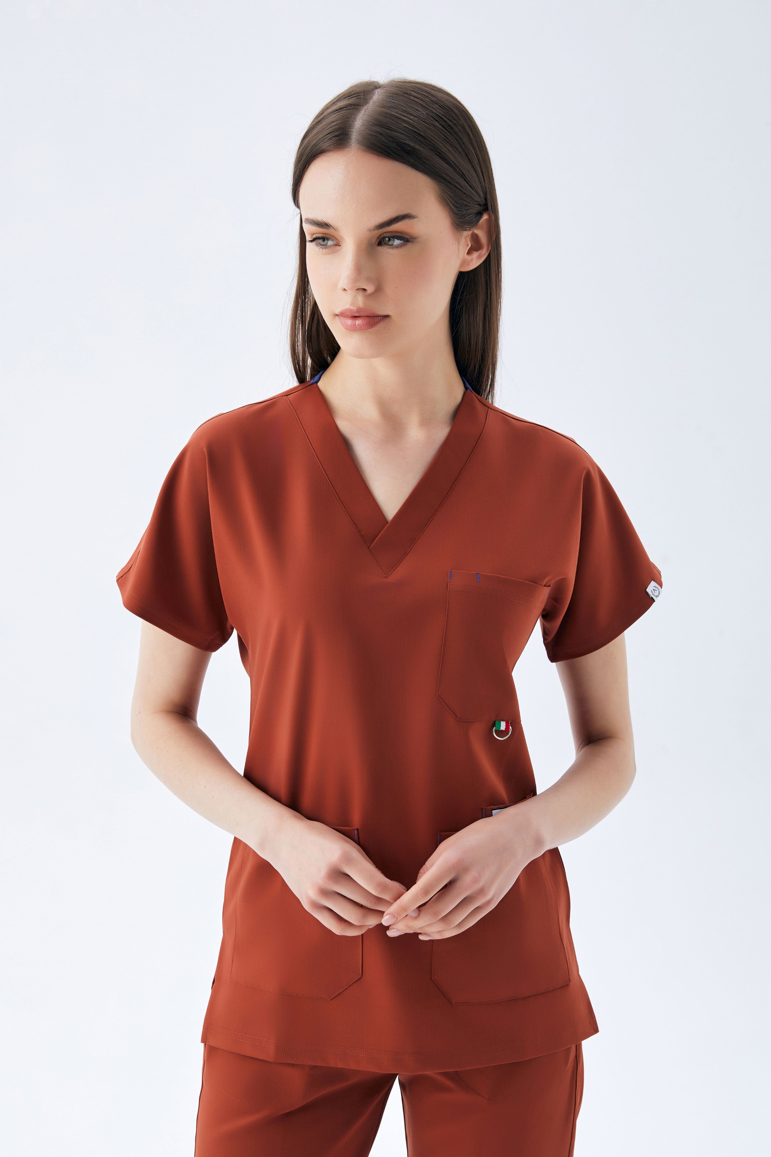 EXCLUSİVE V YAKA KADIN SCRUB TAKIM-KİREMİT