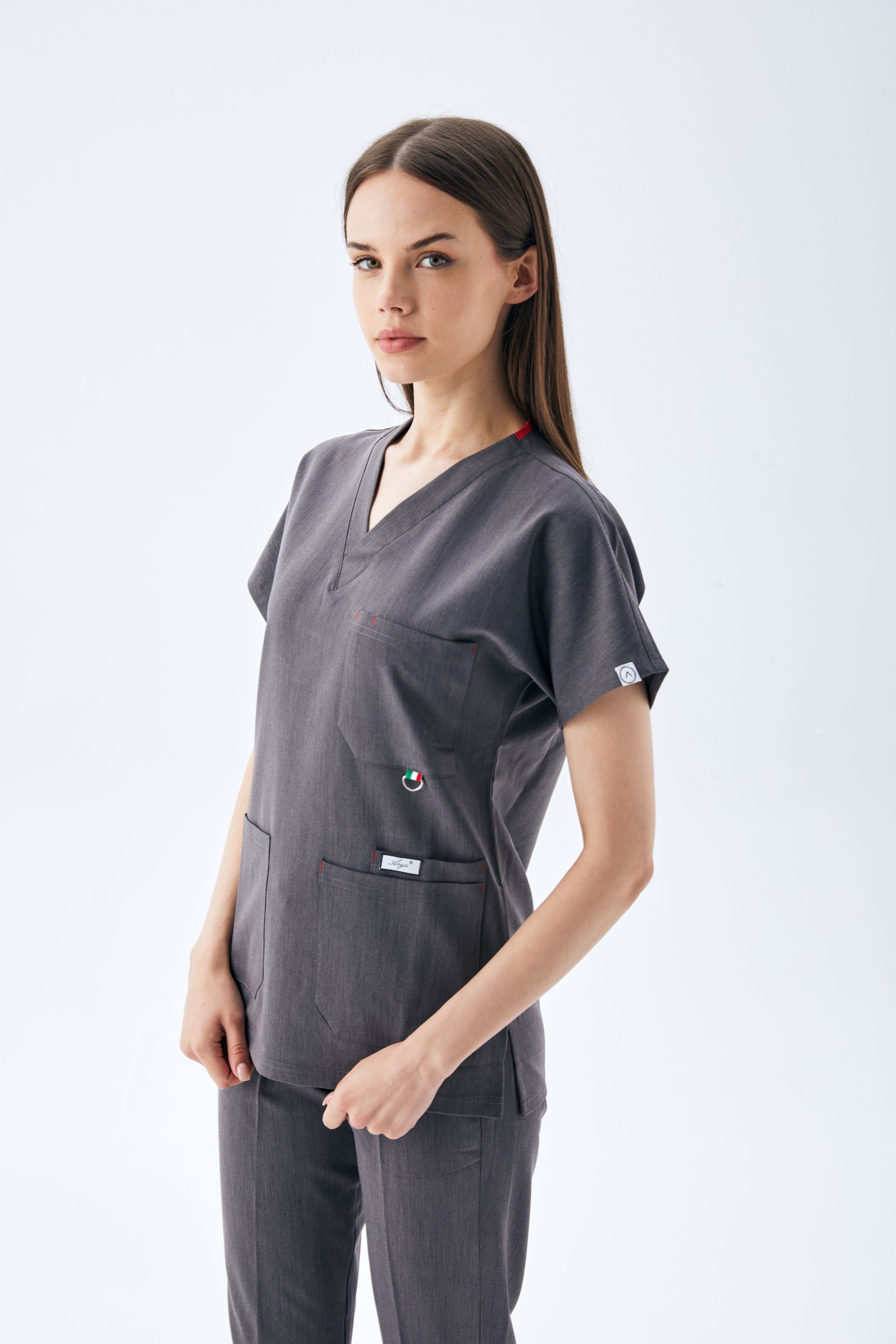EXCLUSİVE V YAKA KADIN SCRUB TAKIM-MELENJ GRİ