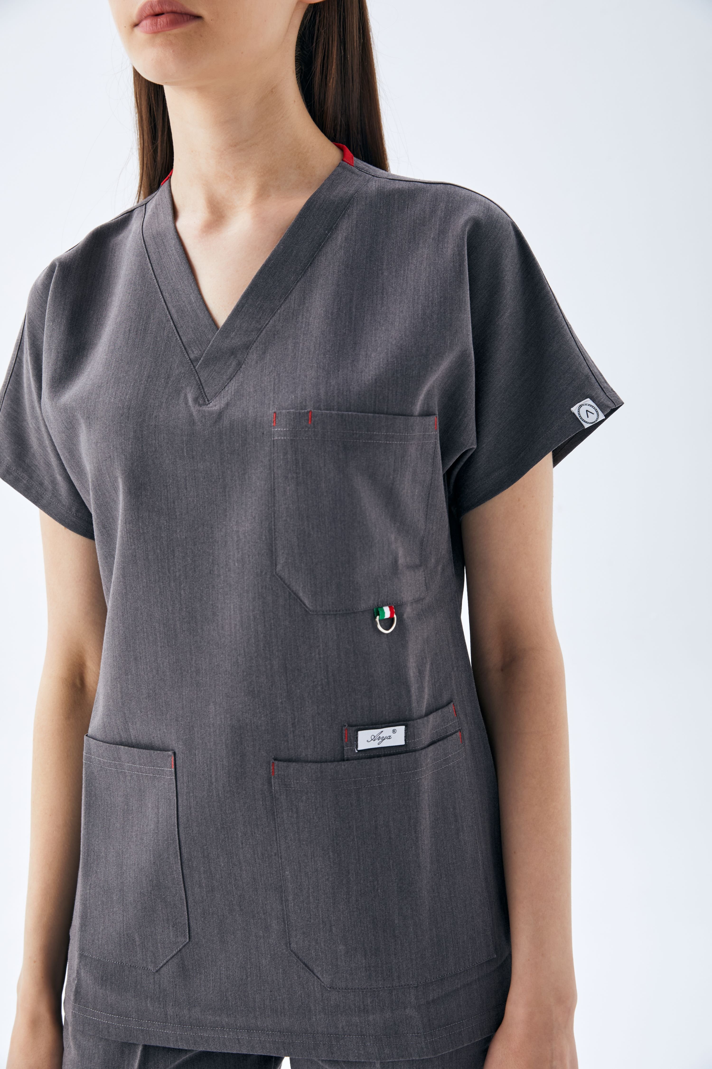 EXCLUSİVE V YAKA KADIN SCRUB TAKIM-MELENJ GRİ