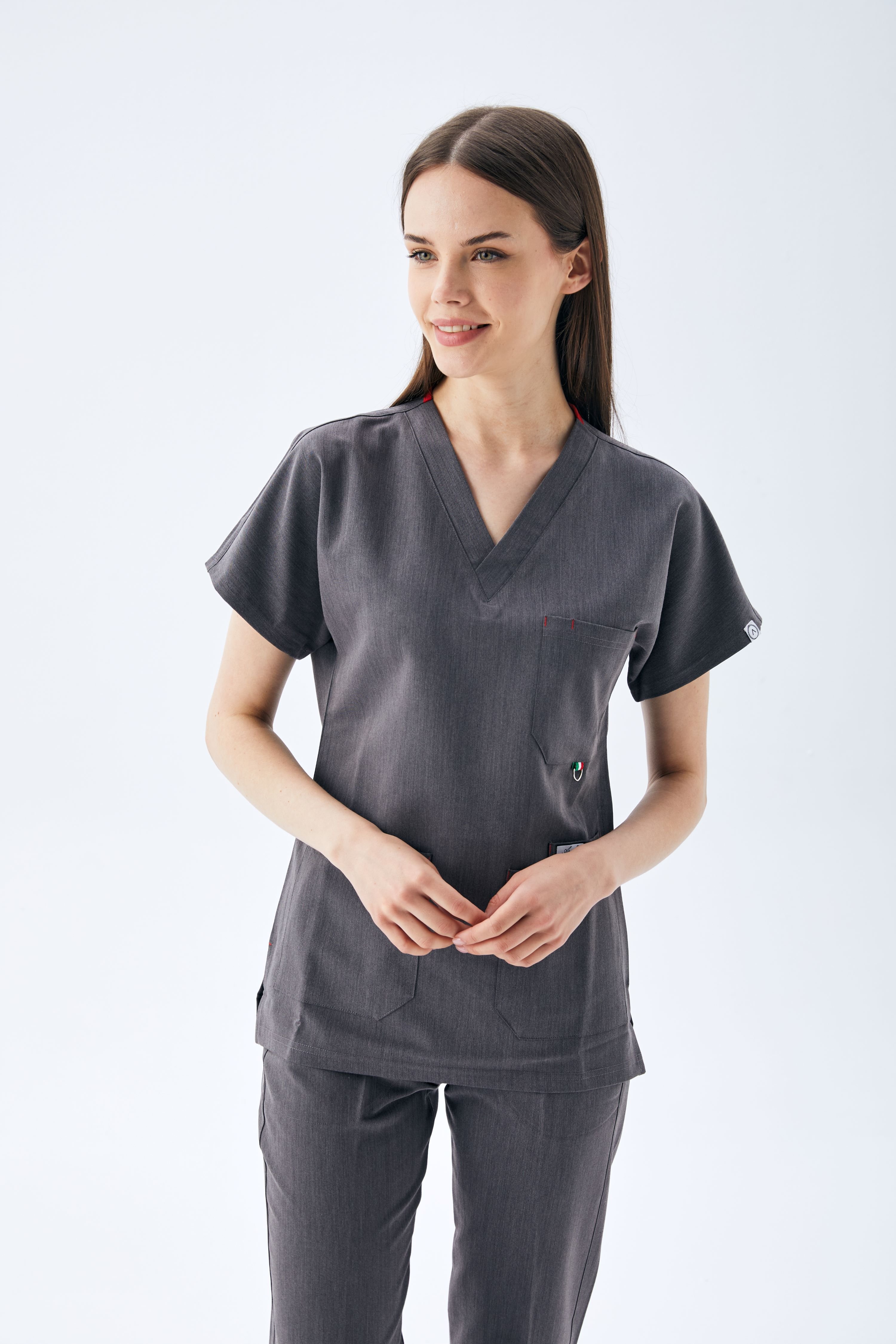 EXCLUSİVE V YAKA KADIN SCRUB TAKIM-MELENJ GRİ