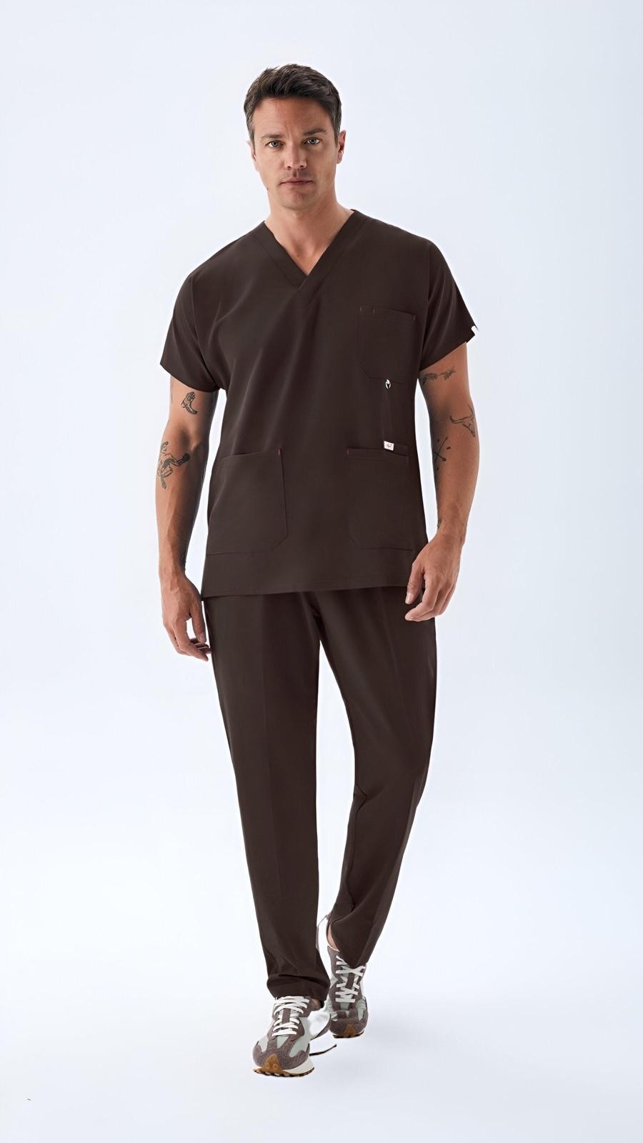 EXCLUSİVE V YAKA ERKEK SCRUB TAKIM - KAHVE