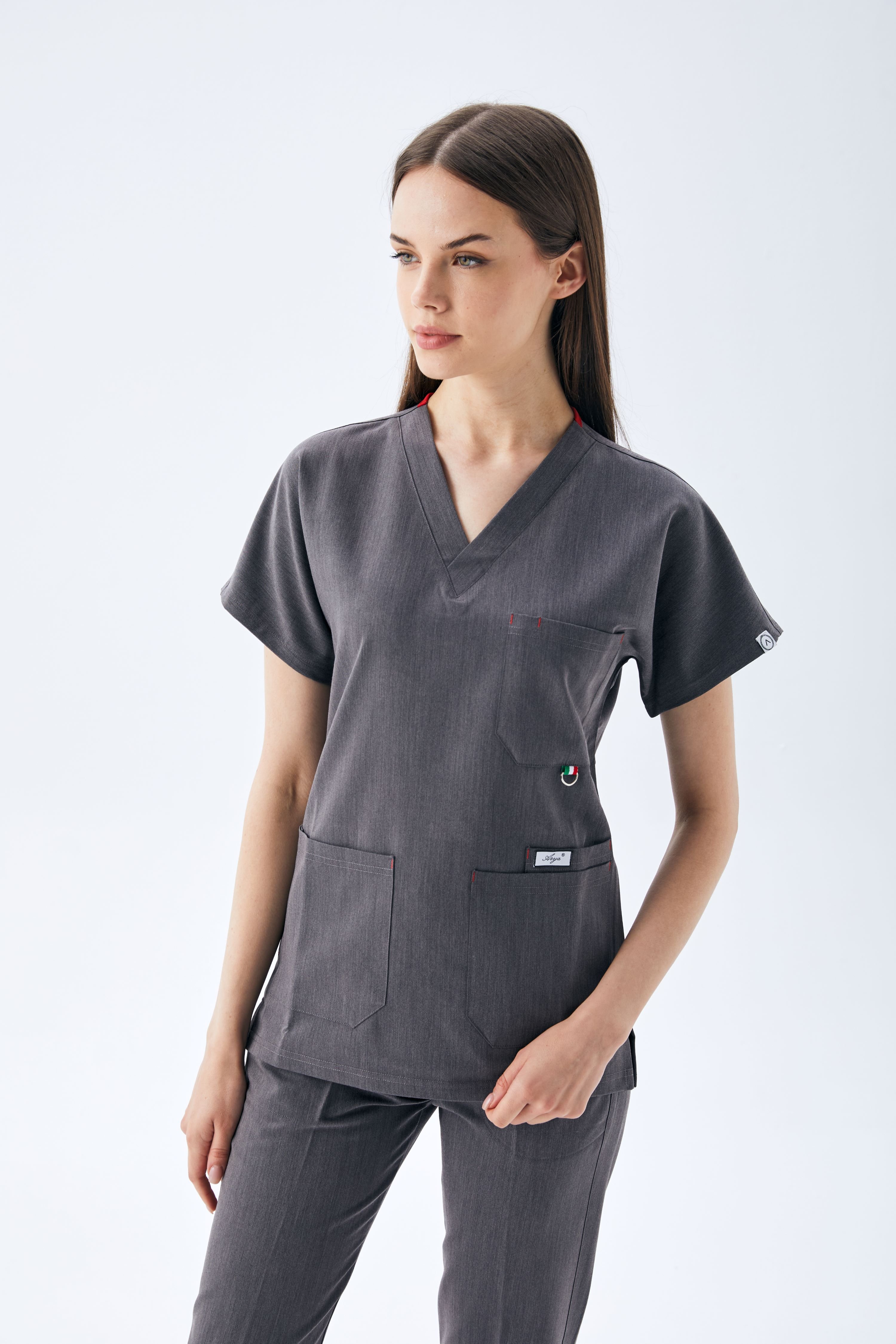 EXCLUSİVE V YAKA KADIN SCRUB TAKIM-MELENJ GRİ