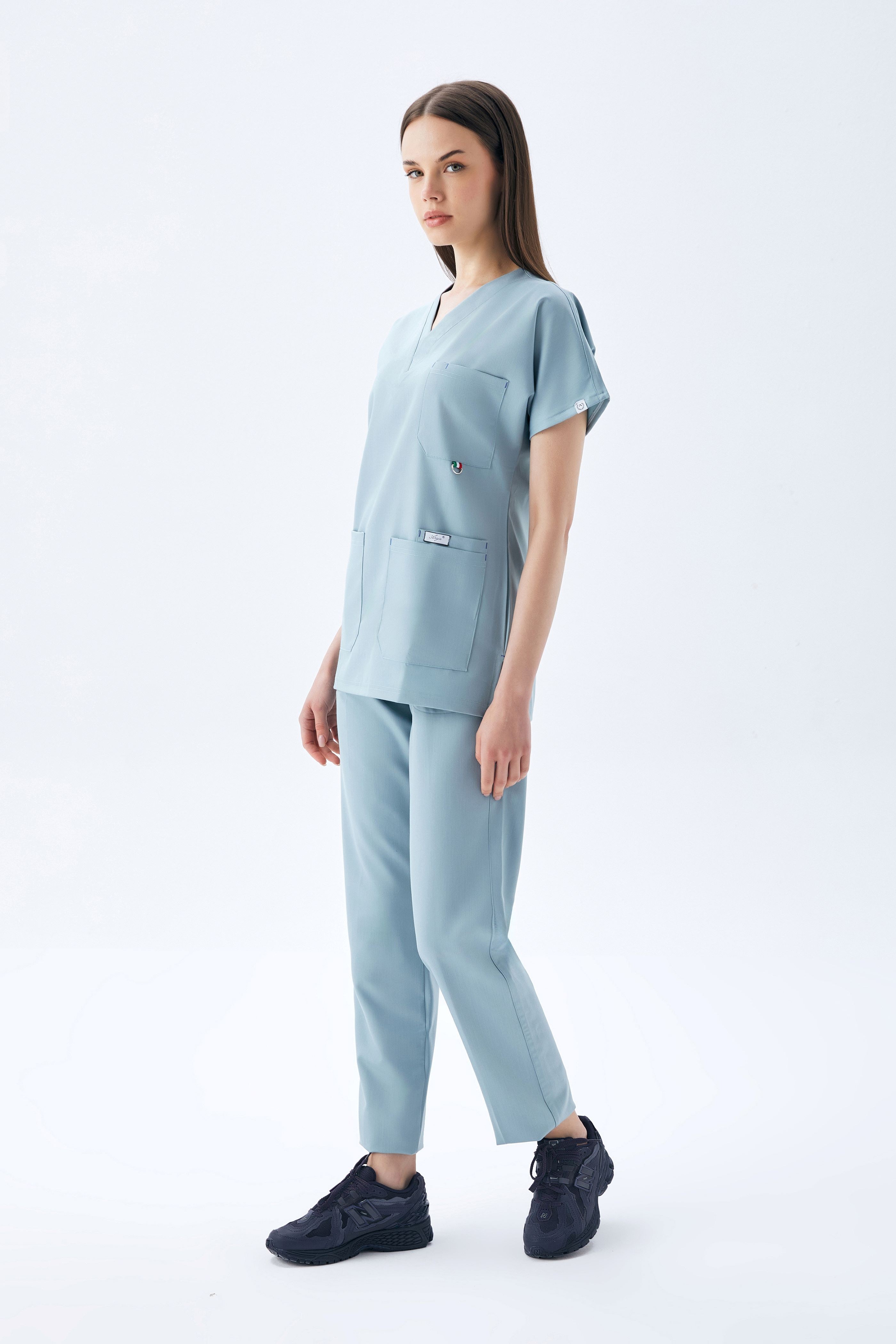 EXCLUSİVE V YAKA KADIN SCRUB TAKIM-BULUT