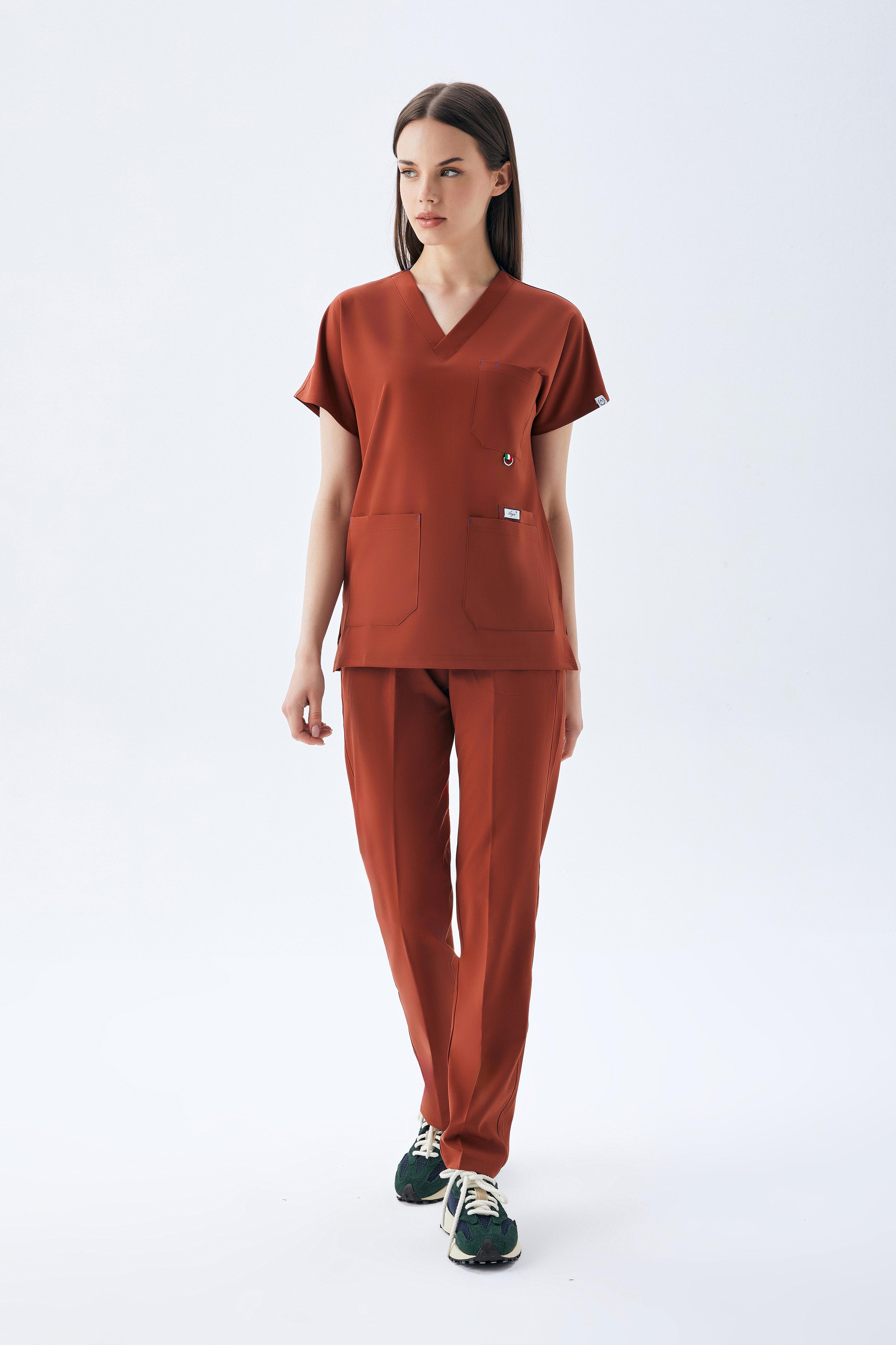 EXCLUSİVE V YAKA KADIN SCRUB TAKIM-KİREMİT