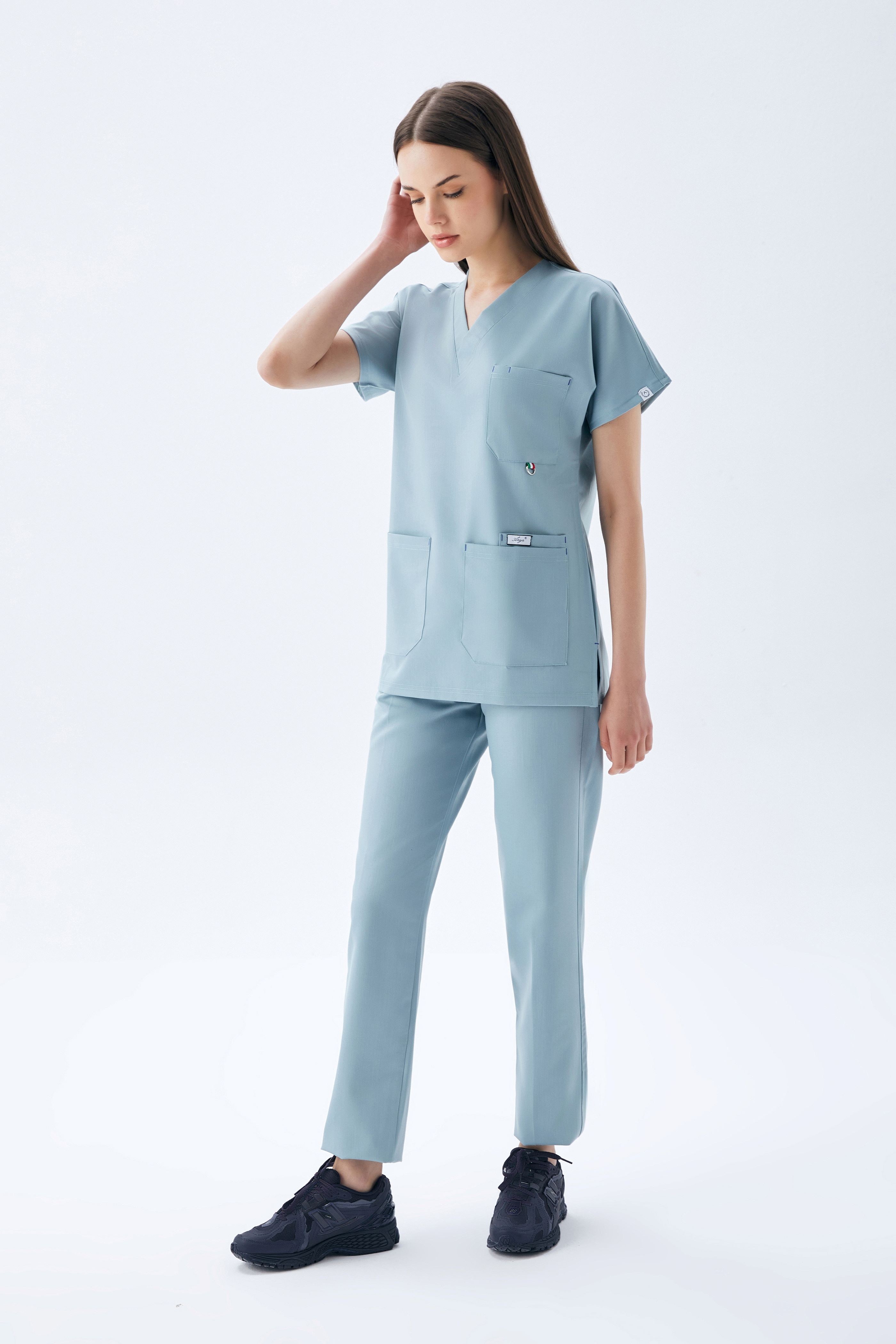 EXCLUSİVE V YAKA KADIN SCRUB TAKIM-BULUT