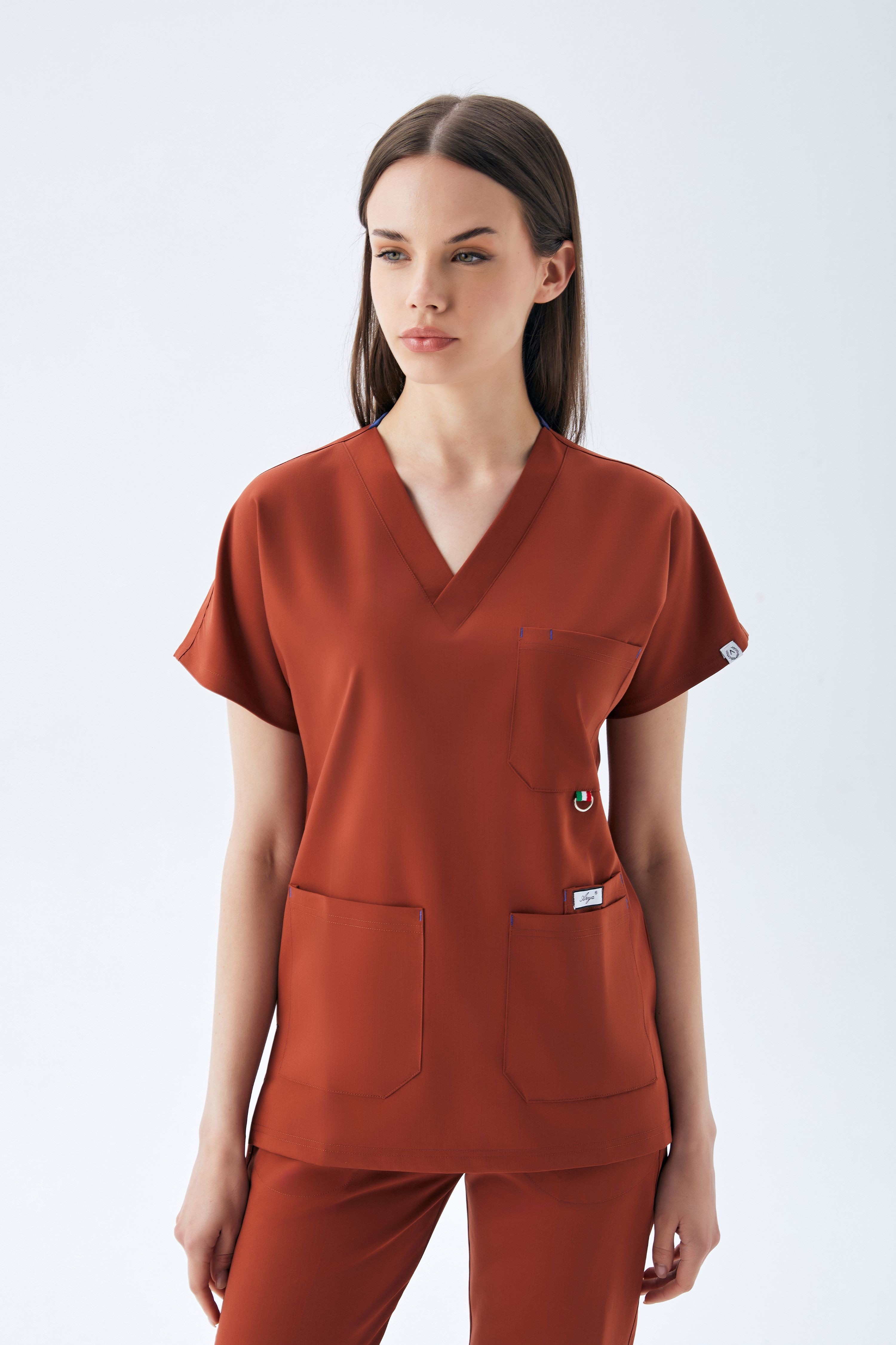 EXCLUSİVE V YAKA KADIN SCRUB TAKIM-KİREMİT