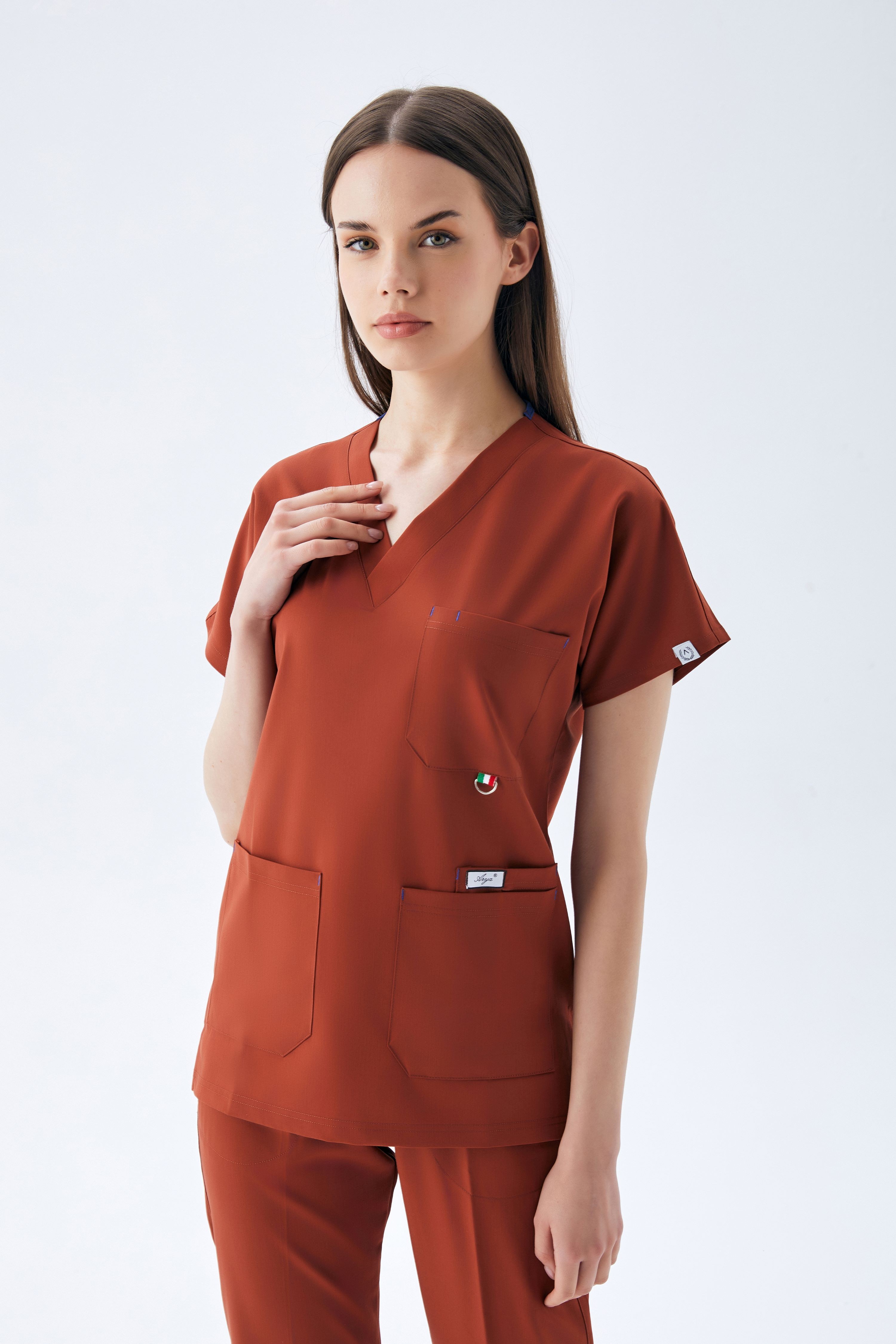 EXCLUSİVE V YAKA KADIN SCRUB TAKIM-KİREMİT
