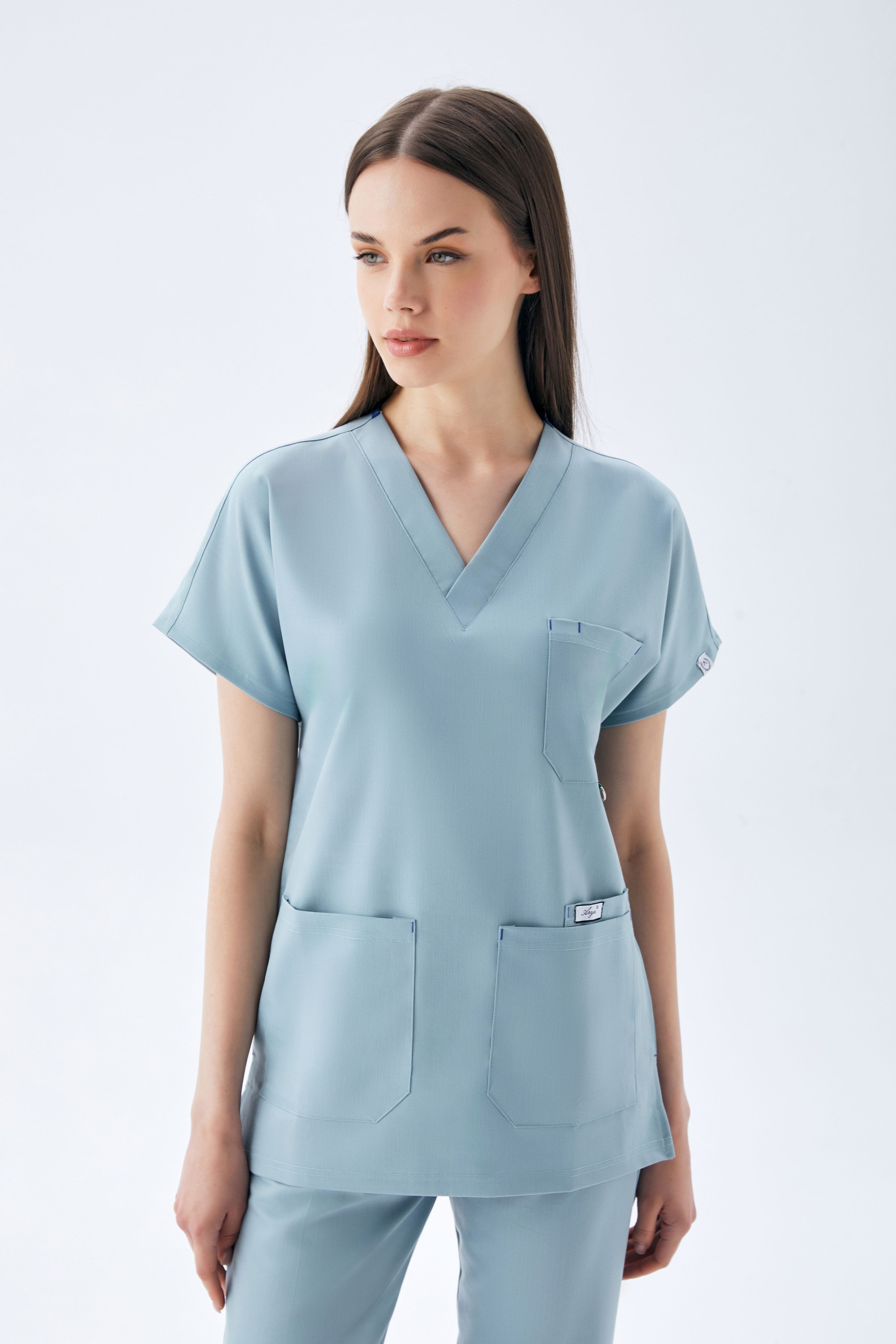EXCLUSİVE V YAKA KADIN SCRUB TAKIM-BULUT