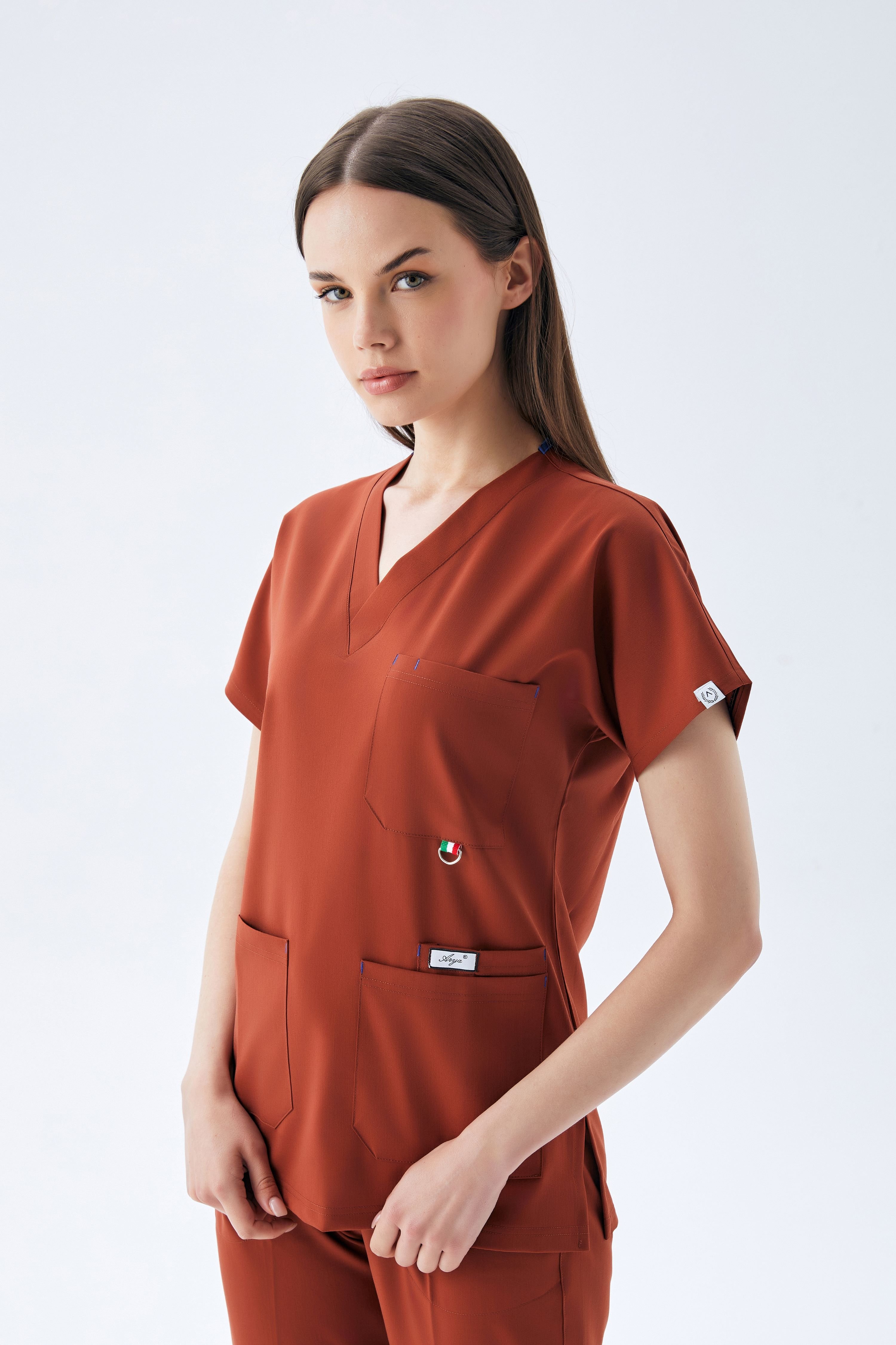 EXCLUSİVE V YAKA KADIN SCRUB TAKIM-KİREMİT