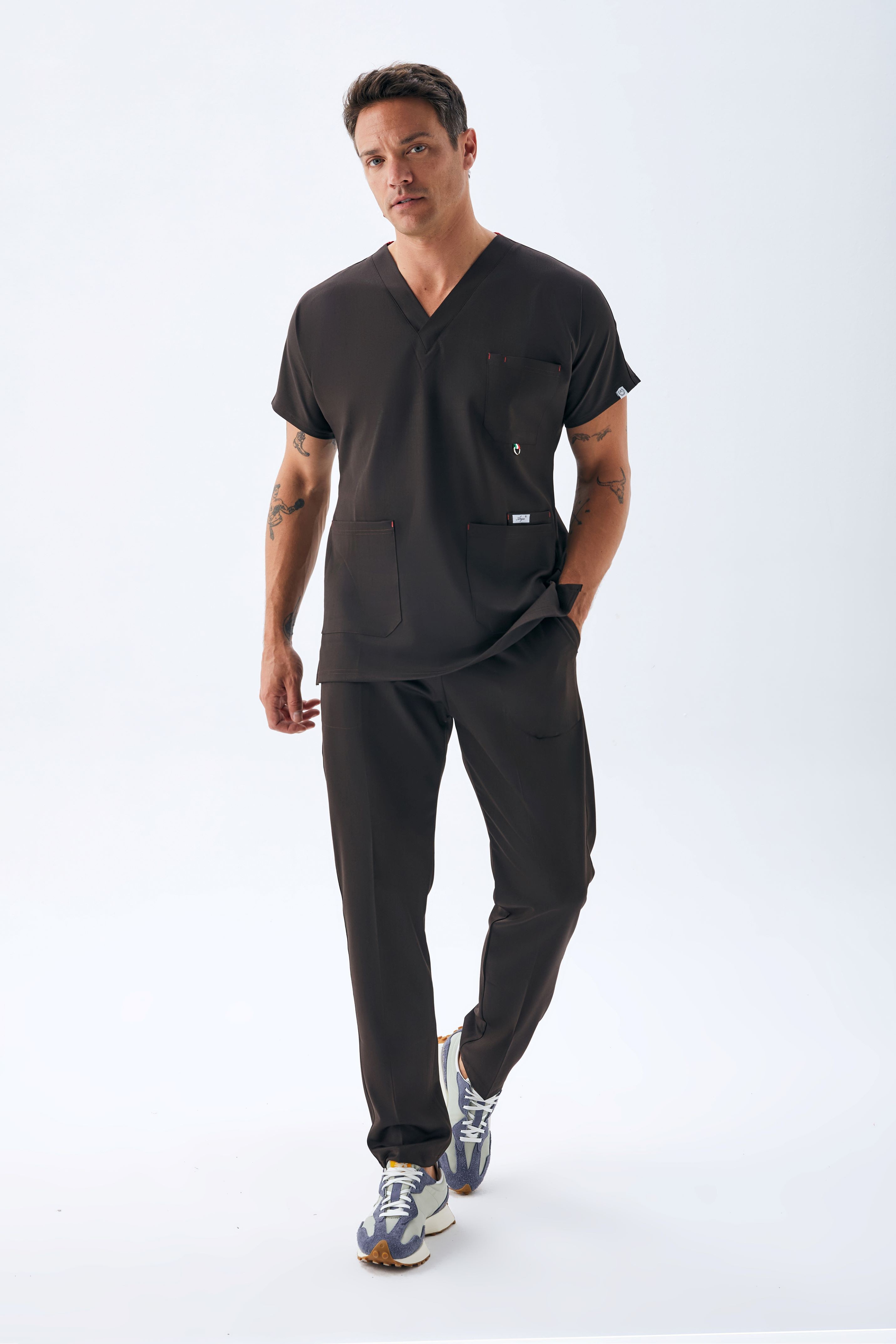 EXCLUSİVE V YAKA ERKEK SCRUB TAKIM - KAHVE