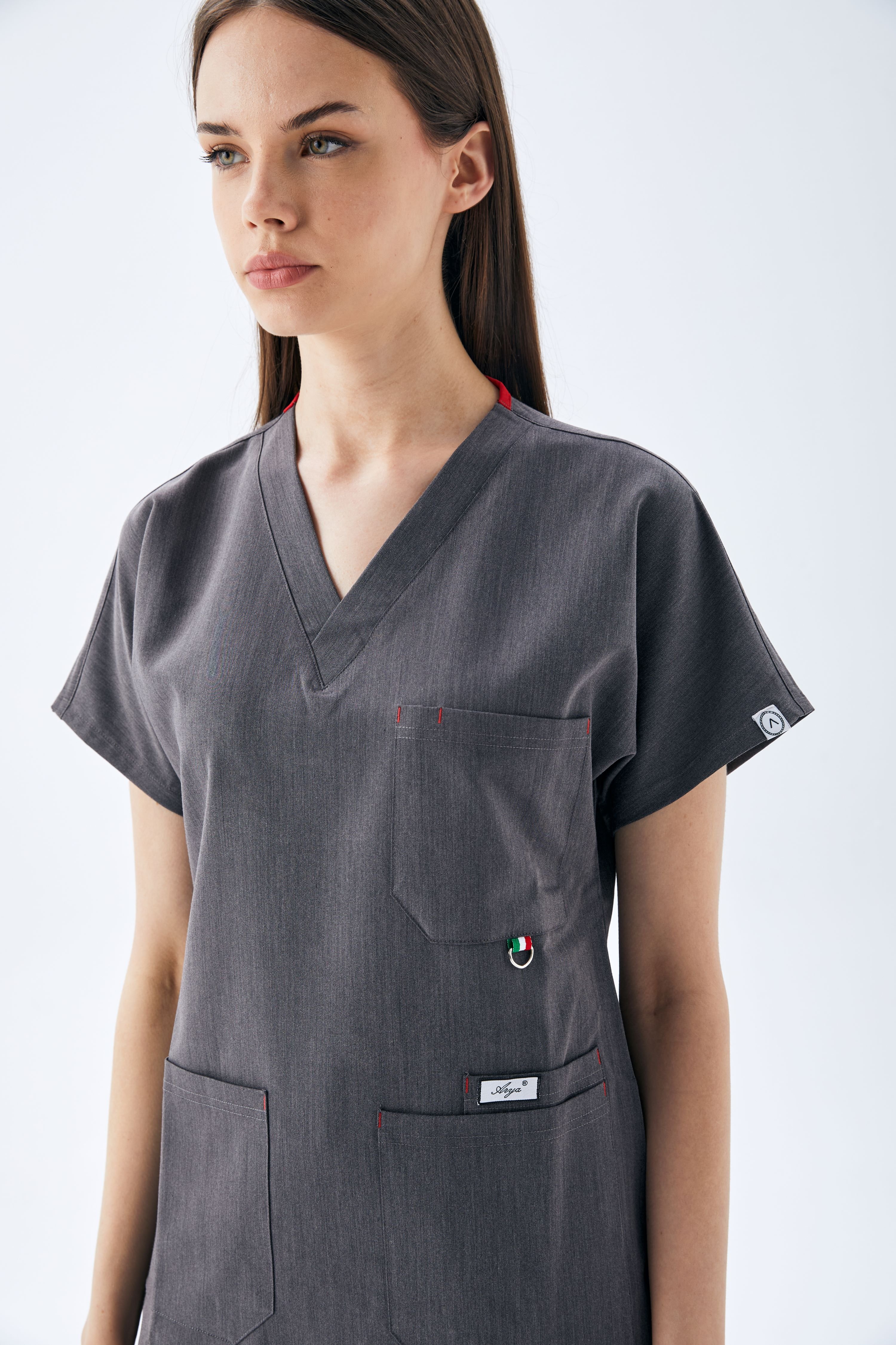 EXCLUSİVE V YAKA KADIN SCRUB TAKIM-MELENJ GRİ