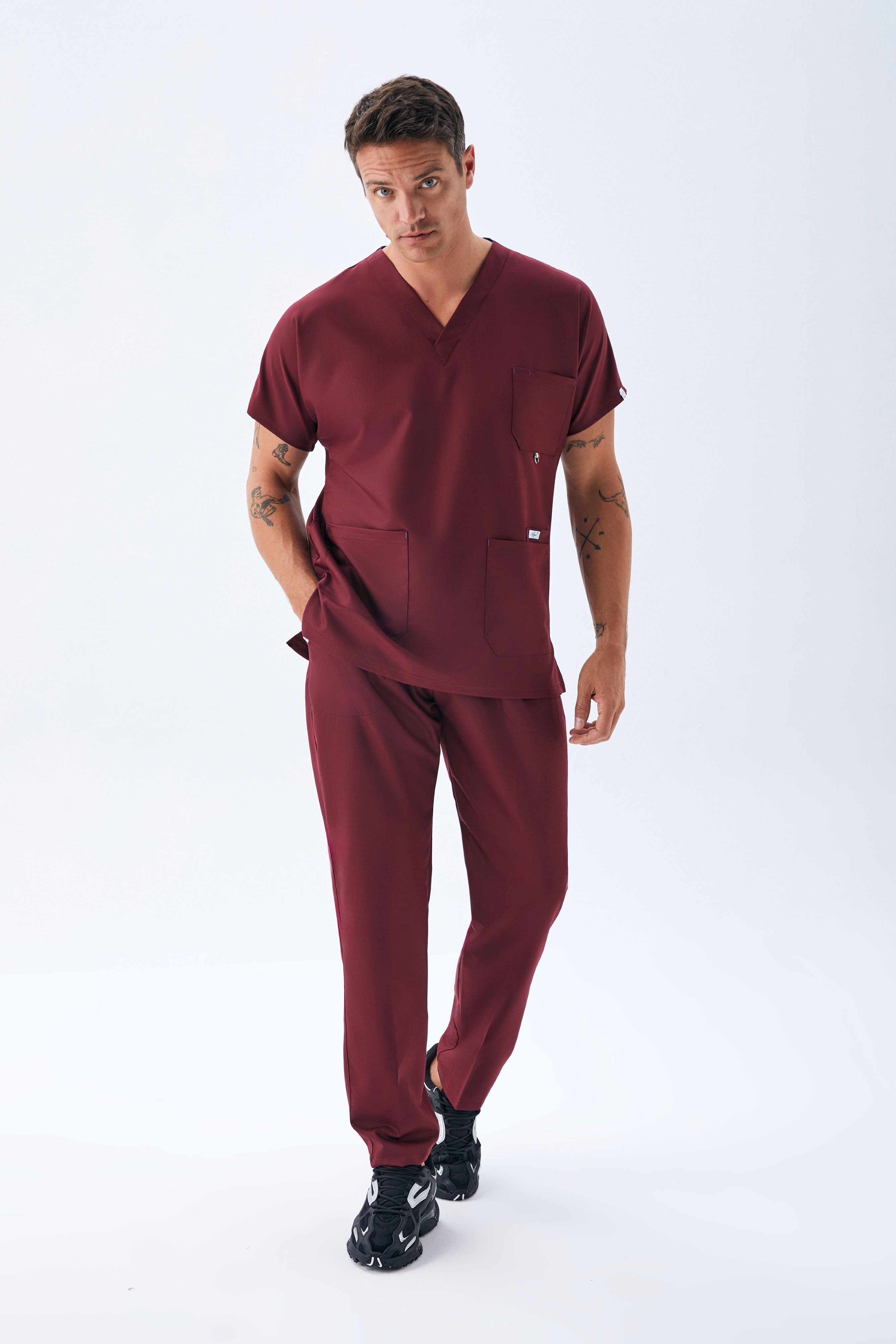 EXCLUSİVE V YAKA ERKEK SCRUB TAKIM - BORDO