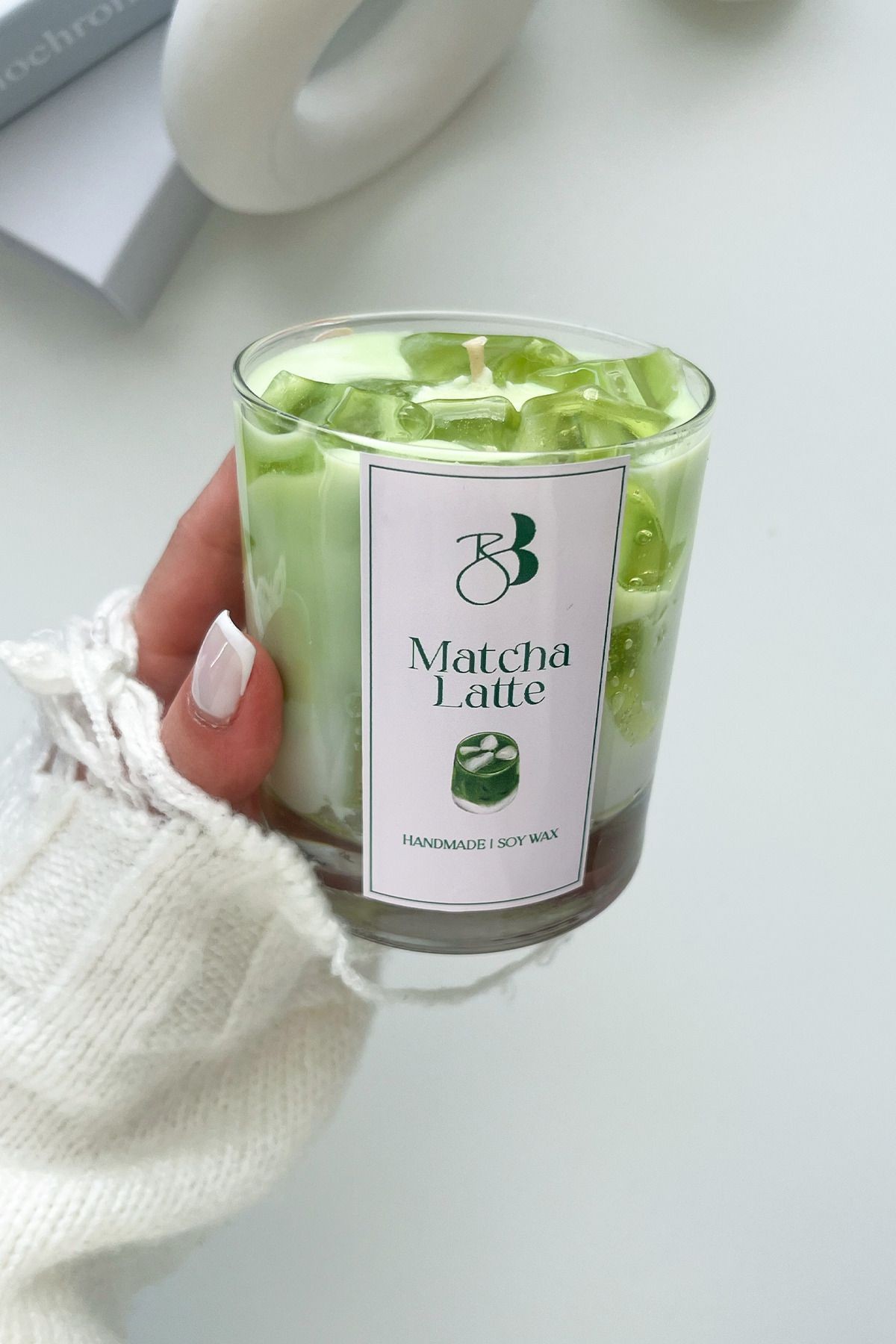 Kahve Kokulu %100 Doğal El Yapımı Matcha Çayı Dekorasyon Soya Mumu