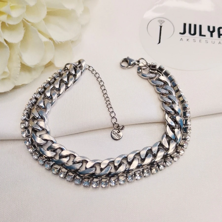 ÇELİK GÜMÜŞ RENGİ KARARMAZ PASLANMAZ TAŞLI SU YOLU KALIN ZİNCİRLİ 2 Lİ BİLEKLİK