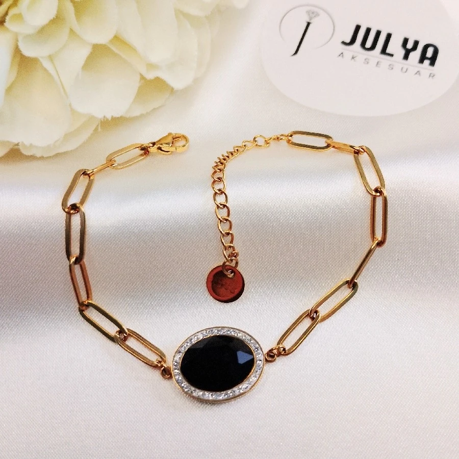 ÇELİK GOLD KARARMAZ PASLANMAZ KRİSTAL SİYAH TAŞLI