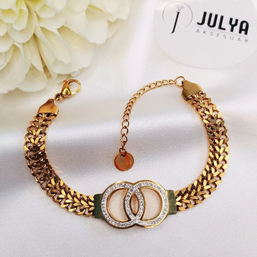 ÇELİK GOLD KARARMAZ PASLANMAZ TAŞLI ENLİ ZİNCİRLİ ŞIK BİLEKLİK