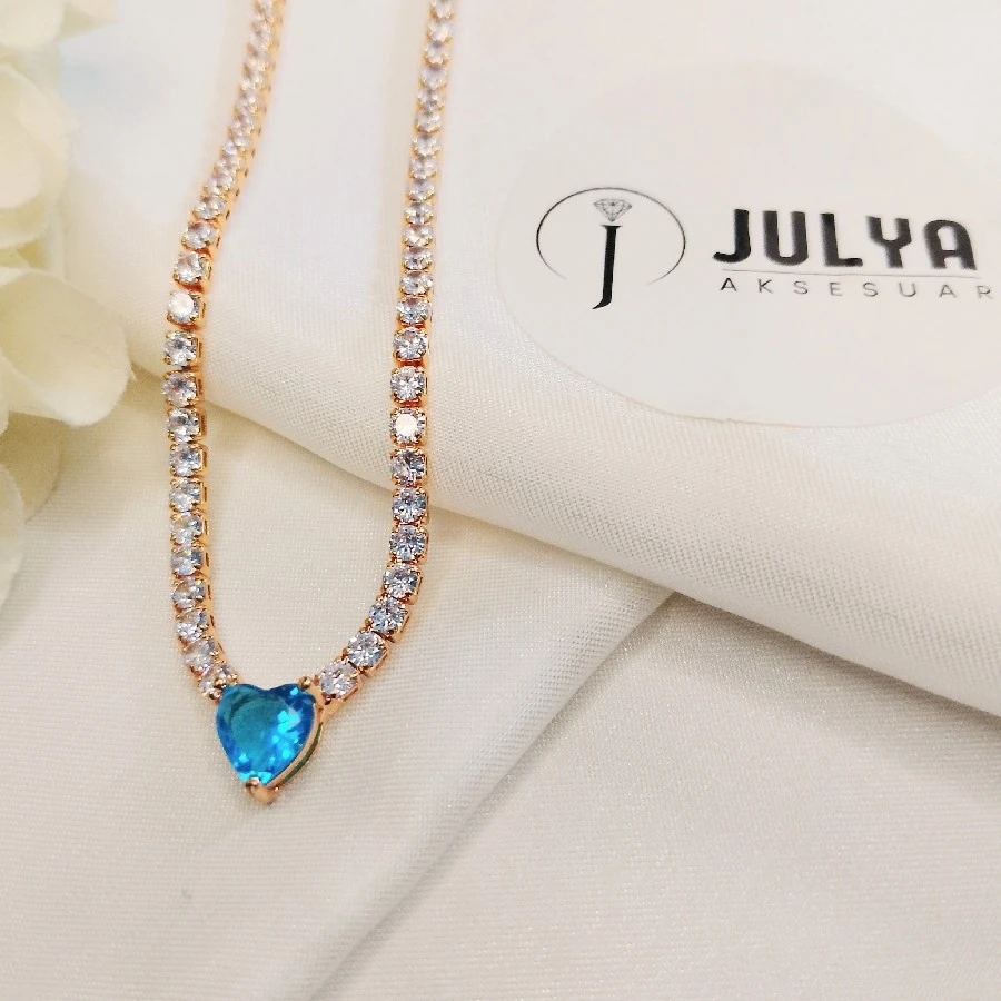 ÇELİK GOLD MAVİ BEYAZ KRİSTAL TAŞLI SU YOLU KOLYE