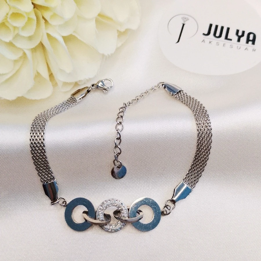 ÇELİK GÜMÜŞ RENGİ KARARMAZ PASLANMAZ TAŞLI ENZLİ ZİNCİRLİ BİLEKLİK