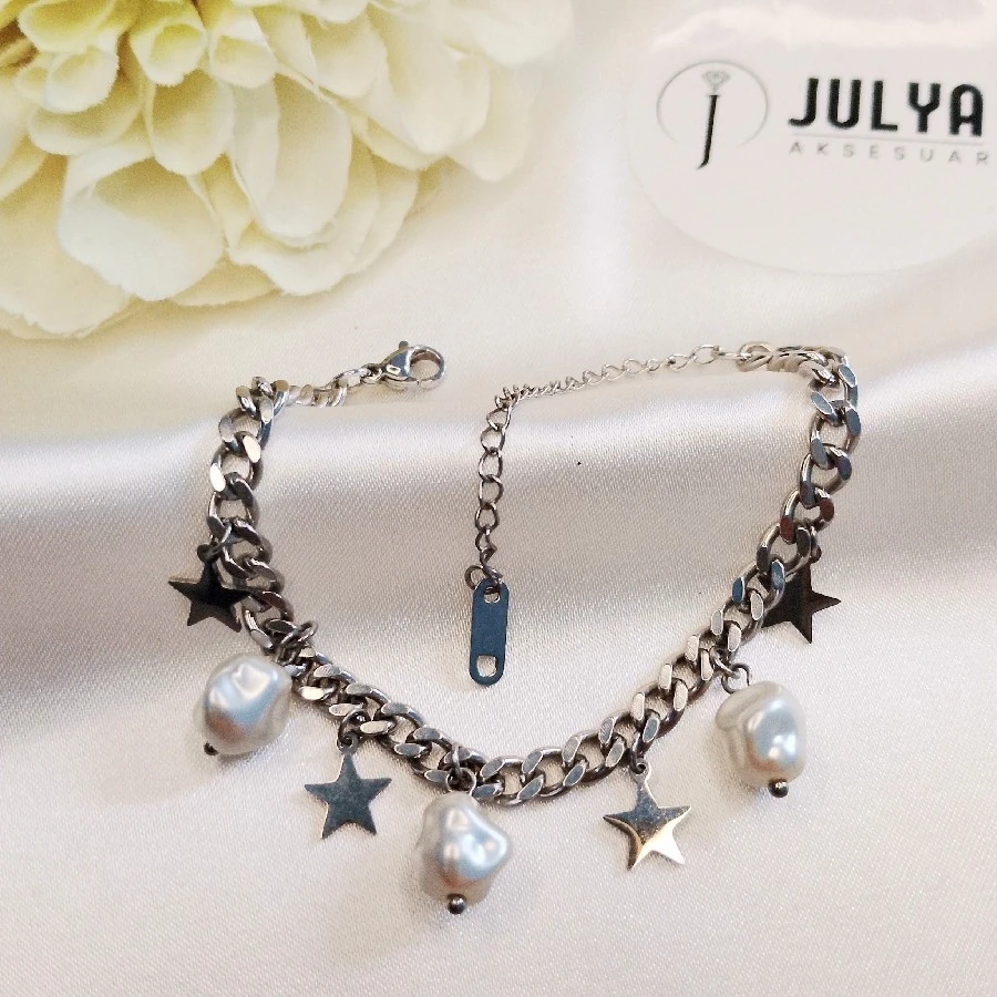 ÇELİK GÜMÜŞ RENGİ KARARMAZ PASLANMAZ YILDIZLI  SU İNCLİLİ   BİLEKLİK