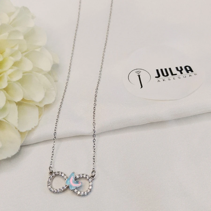 ÇELİK GÜMÜŞ RENK TAŞLI SONSUZLUK UÇLU 45+5 CM KARARMAZ PASLANMAZ KOLYE