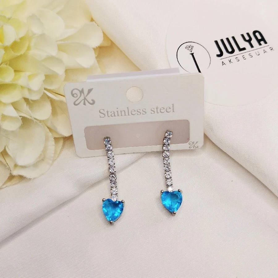 ÇELİK GÜMÜŞ RENGİ  MAVİ BEYAZ TAŞLI SU YOLU  ŞIK  KÜPE