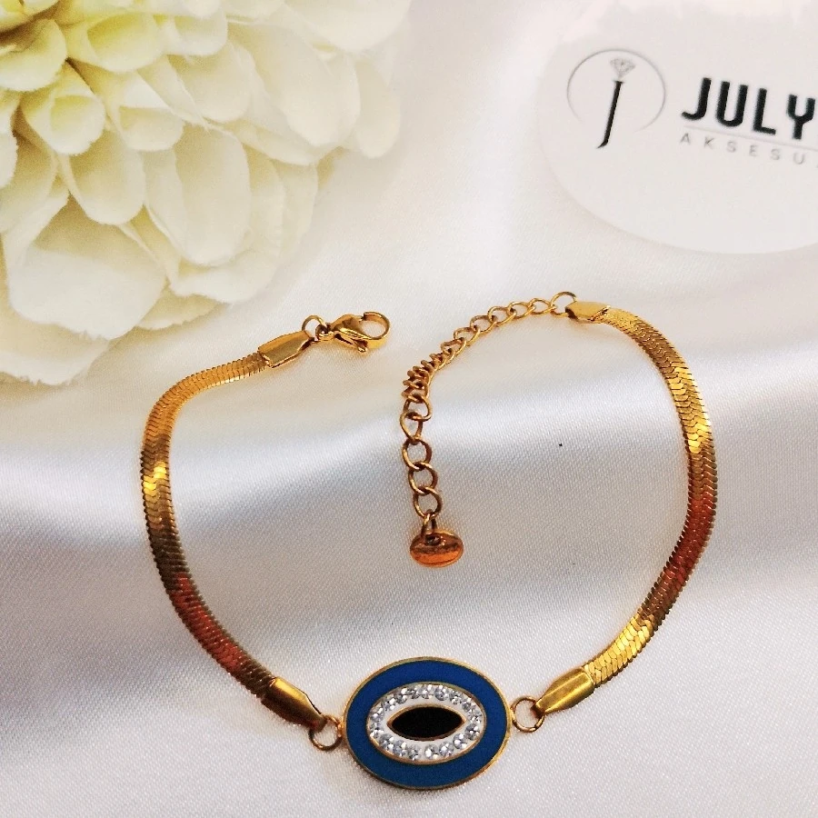 ÇELİK GOLD KARARMAZ PASLANMAZ NAZAR BONCUKLU İTALYAN ZİNCİRLİ BİLEKLİK