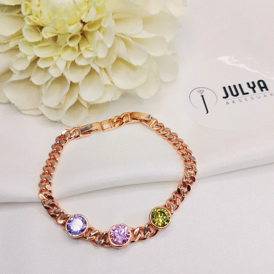 ROSE RENKLİ TAŞLI KALIN ZİNCİRLİ KARARMAZ PASLANMAZ BİLEKLİK