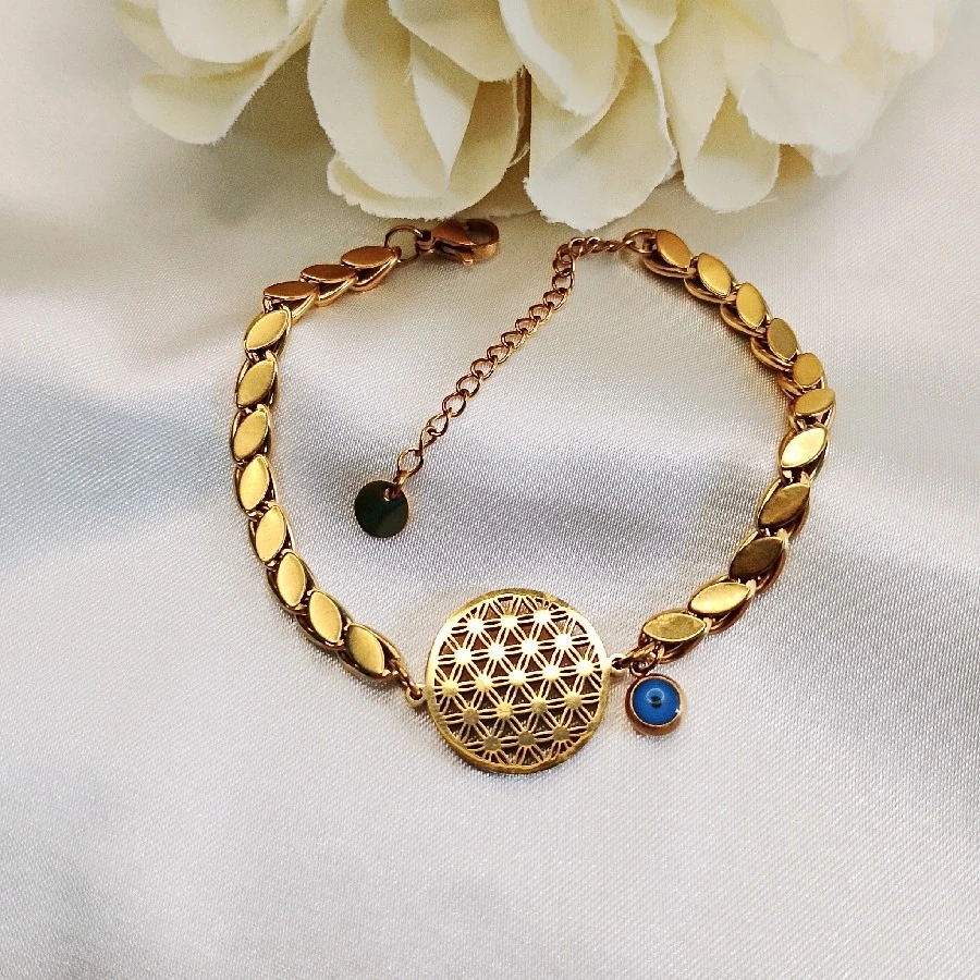 ÇELİK GOLD NAZAR BONCUKLU YAŞAM ÇİÇEĞİ KARARMAZ PASLANMAZ BİLEKLİK