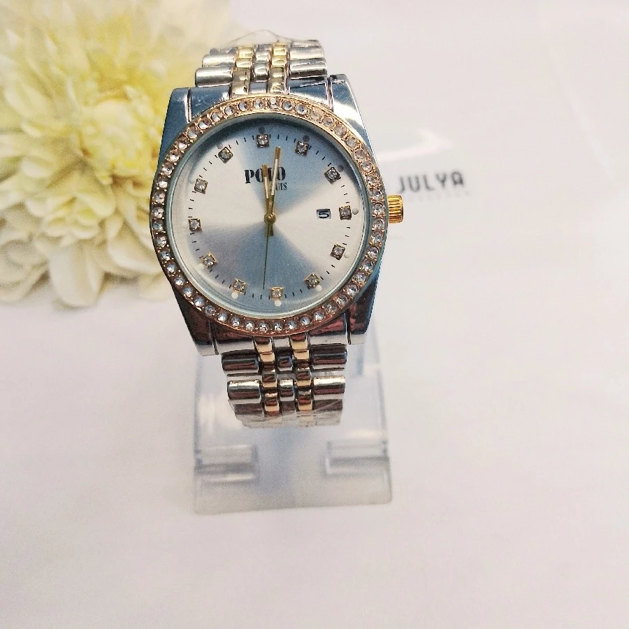 ÇELİK GÜMÜŞ RENGİ GOLD KARARMAZ PASLANMAZ TAŞLI ŞIK POLO MARKA ERKEK KOL SAATİ