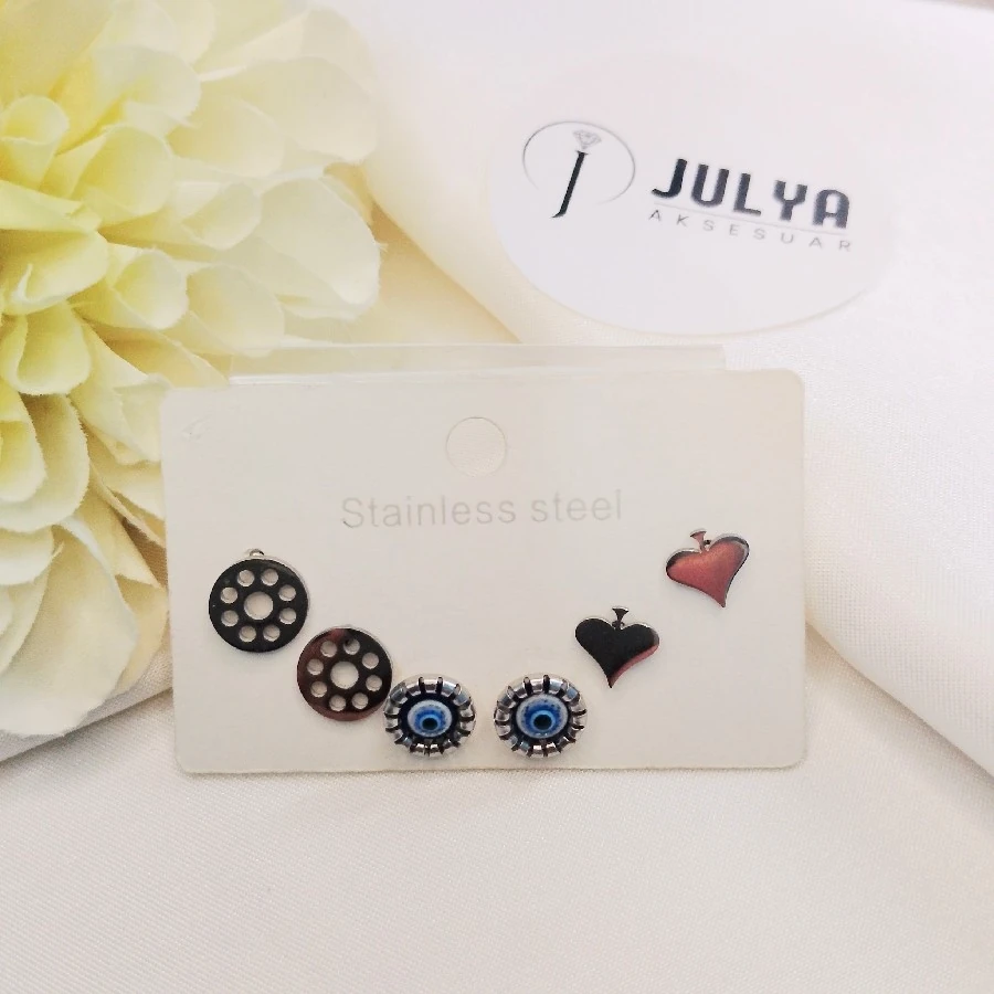 ÇELİK GÜMÜŞ RENGİ NAZAR BONCUKLU  KARARMAZ PASLANMAZ 6  LI   KÜPE