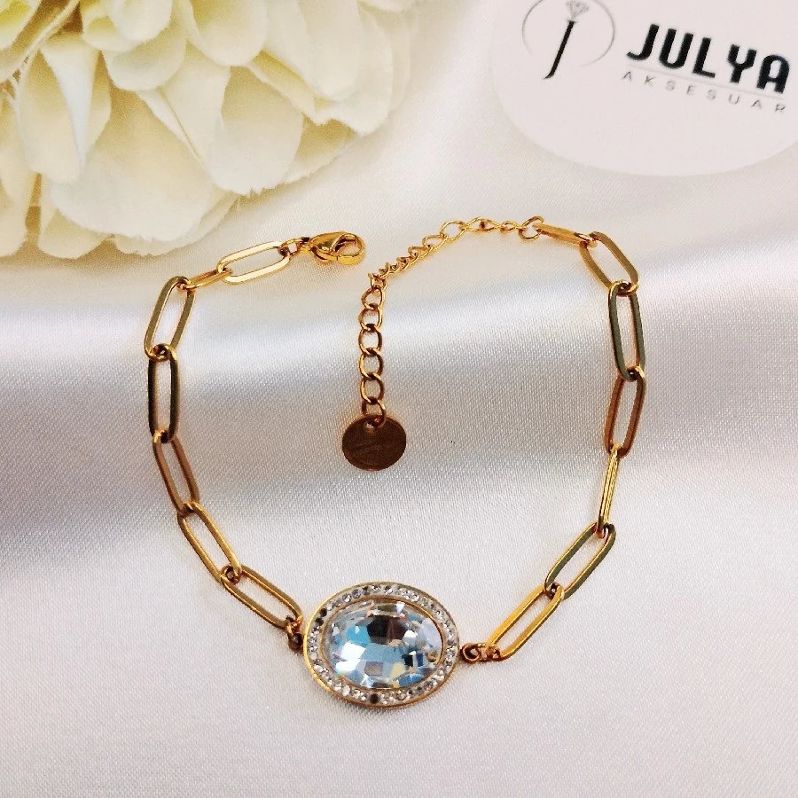 ÇELİK GOLD KARARMAZ PASLANMAZ KRİSTAL TAŞLI BİLEKLİK