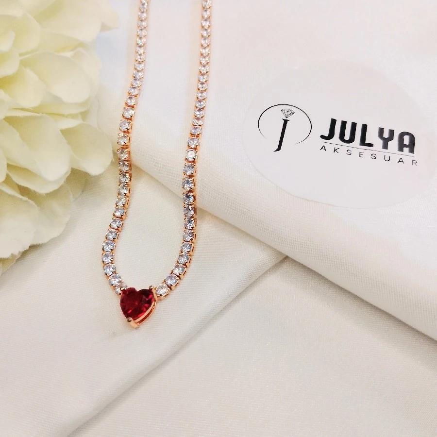 ÇELİK GOLD KIRMIZI BEYAZ KRİSTAL TAŞLI 45+5 CM KOLYE