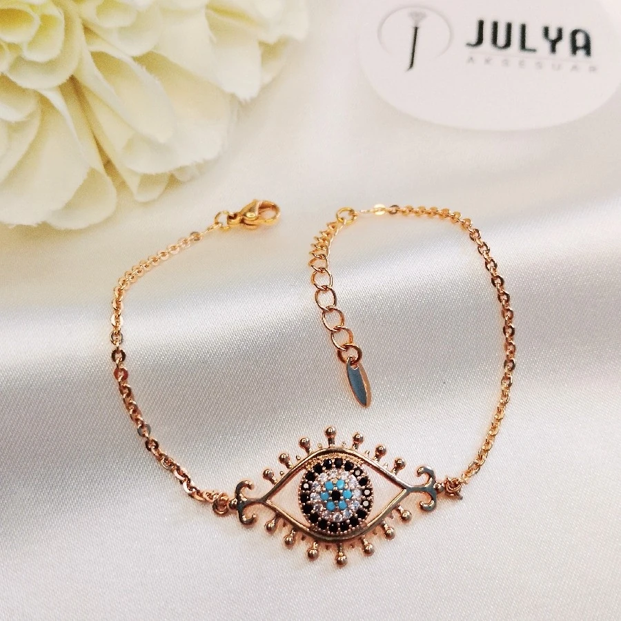 ÇELİK GOLD KARARMAZ PASLANMAZ  NAZAR BONCUKLU BİLEKLİK