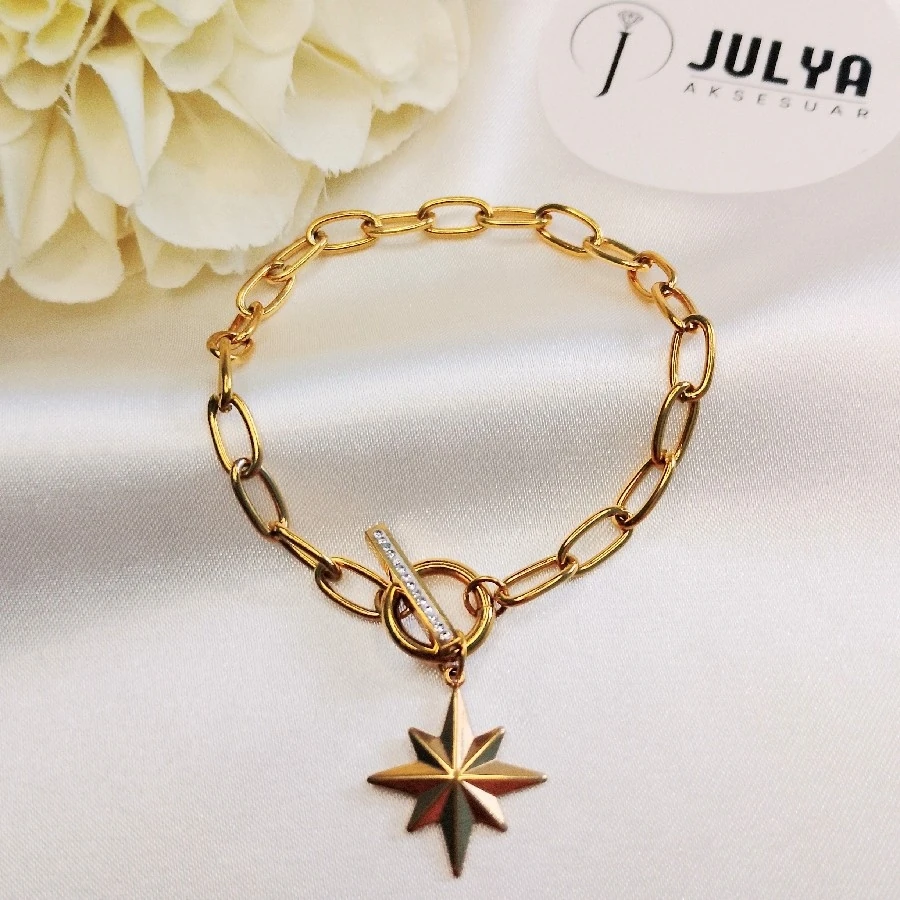 ÇELİK GOLD KARARMAZ PASLANMAZ TAŞLI KUZEY YILDIZLI BİLEKLİK