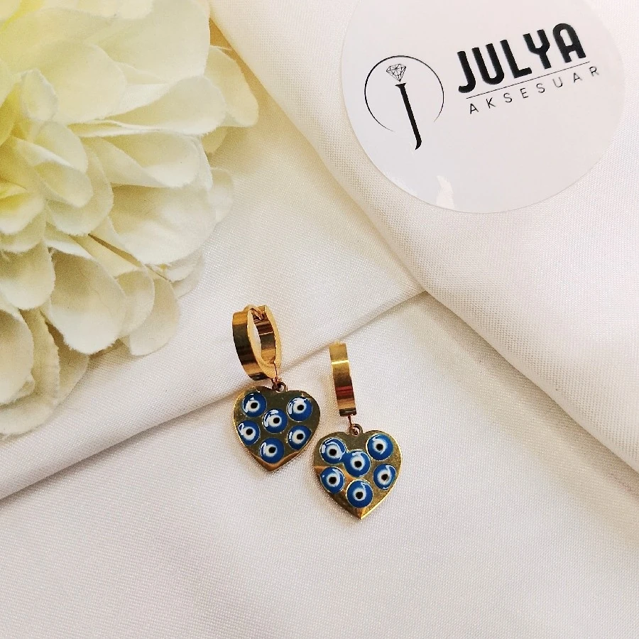 ÇELİK GOLD KARARMAZ PASLANMAZ KALP   NAZAR BONCUKLU KÜPE