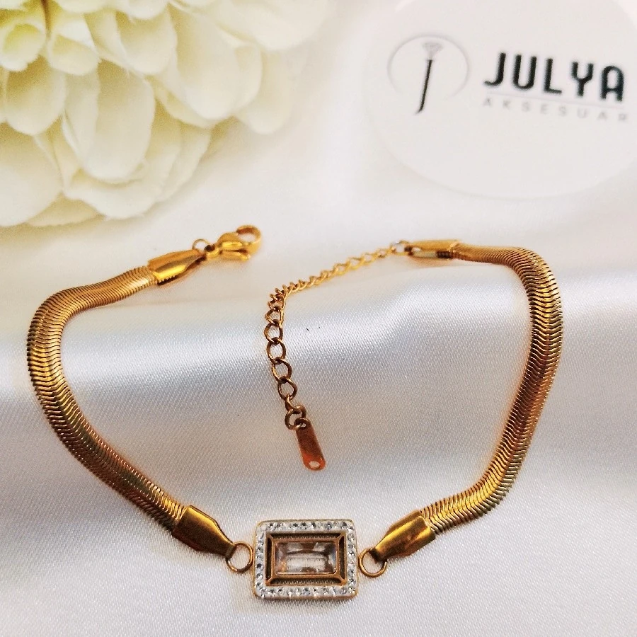 ÇELİK GOLD KARARMAZ PASLANMAZ TAŞLI EZME ZİNCİRLİ BİLEKLİK