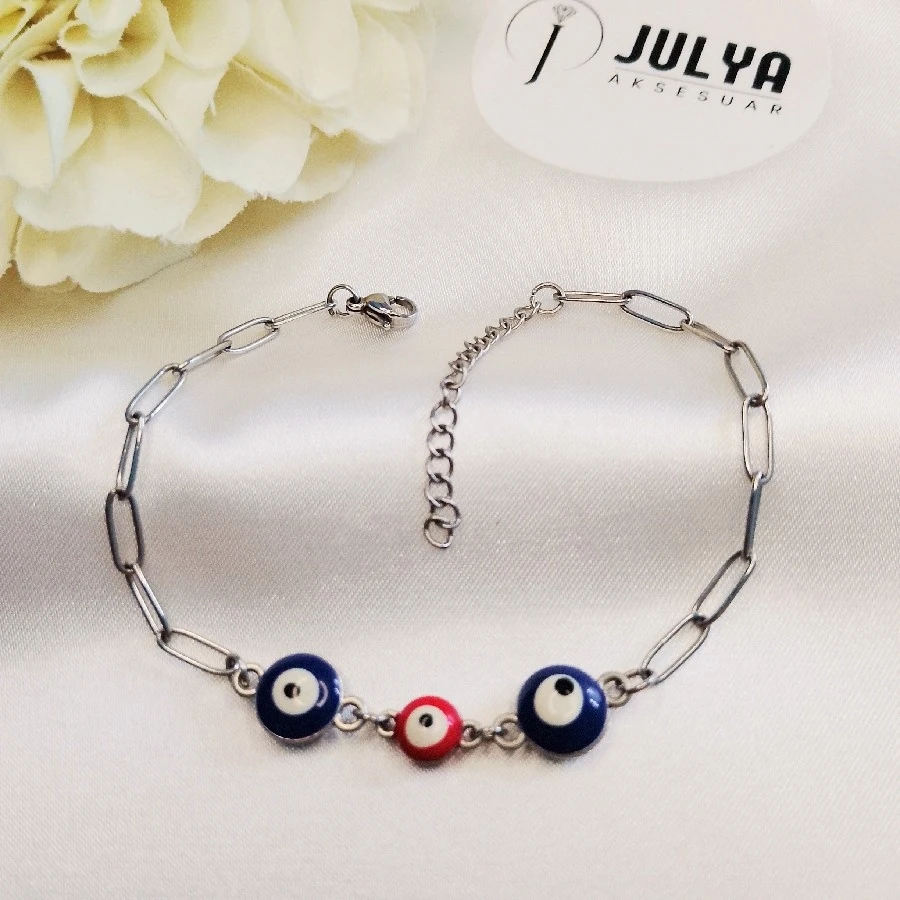 ÇELİK GÜMÜŞ RENGİ KARARMAZ PASLANMAZ NAZAR BONCUKLU BİLEKLİK