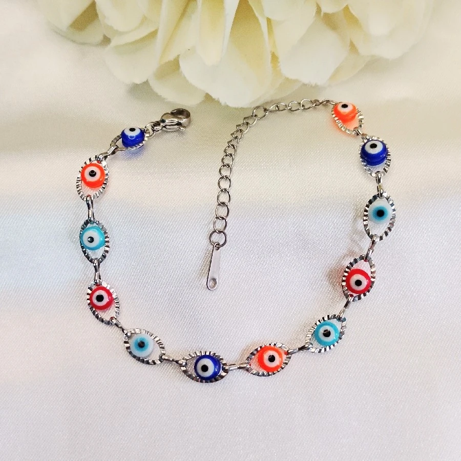 ÇELİK GÜMÜŞ RENGİ RENKLİ NAZAR BONCUKLU BİLEKLİK