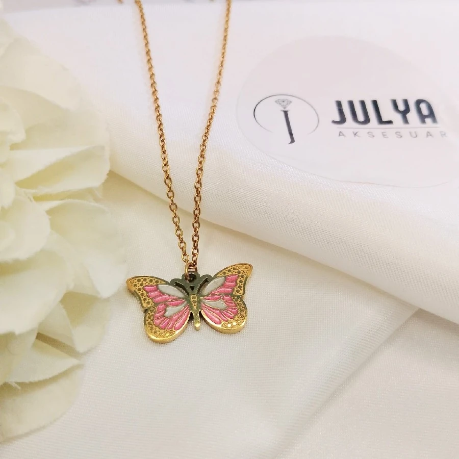 ÇELİK GOLD KARARMAZ PASLANMAZ  RENKLİ  KELEBEK 45+5 KOLYE