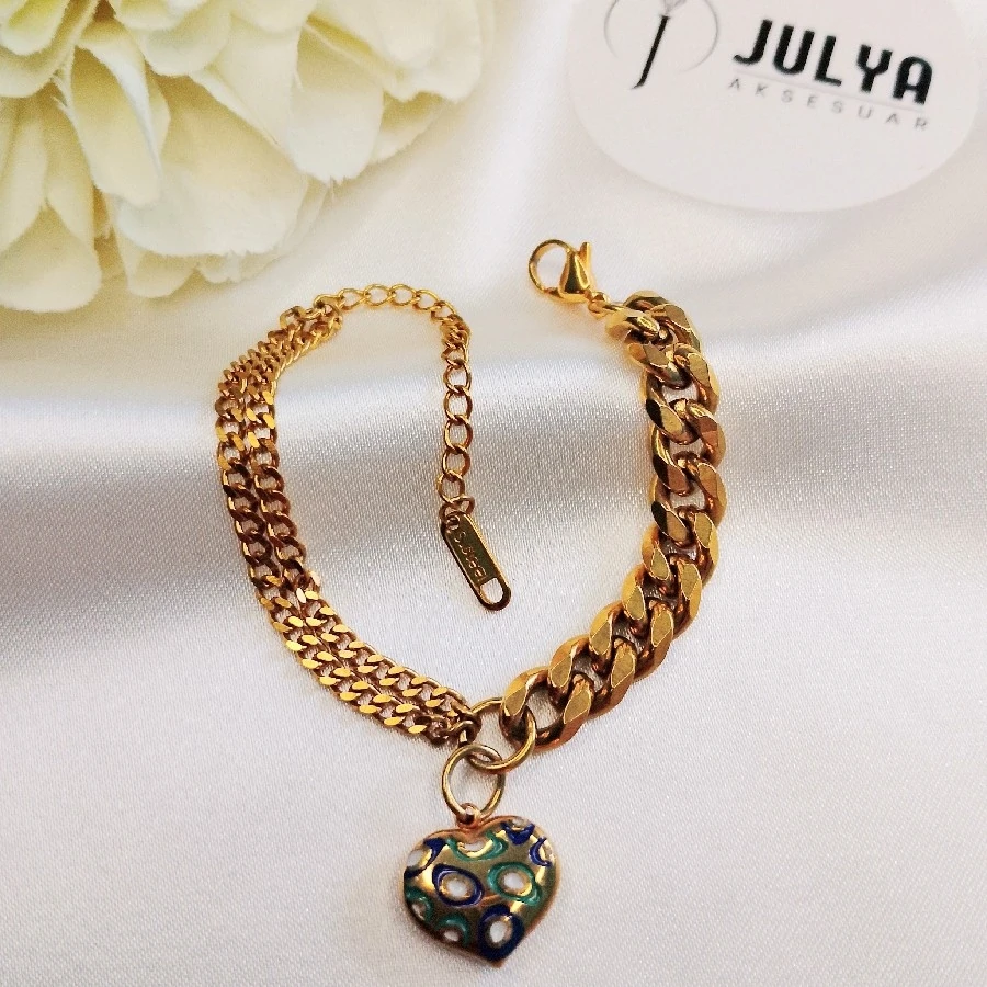 ÇELİK GOLD KARARMAZ PASLANMAZ MİNELİ KALP   2 FARKLI ZİNCİRLİ BİLEKLİK