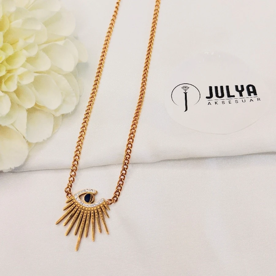 ÇELİK GOLD RENK GÖZ TAŞLI 45+5 CM KARARMAZ PASLANMAZ KOLYE